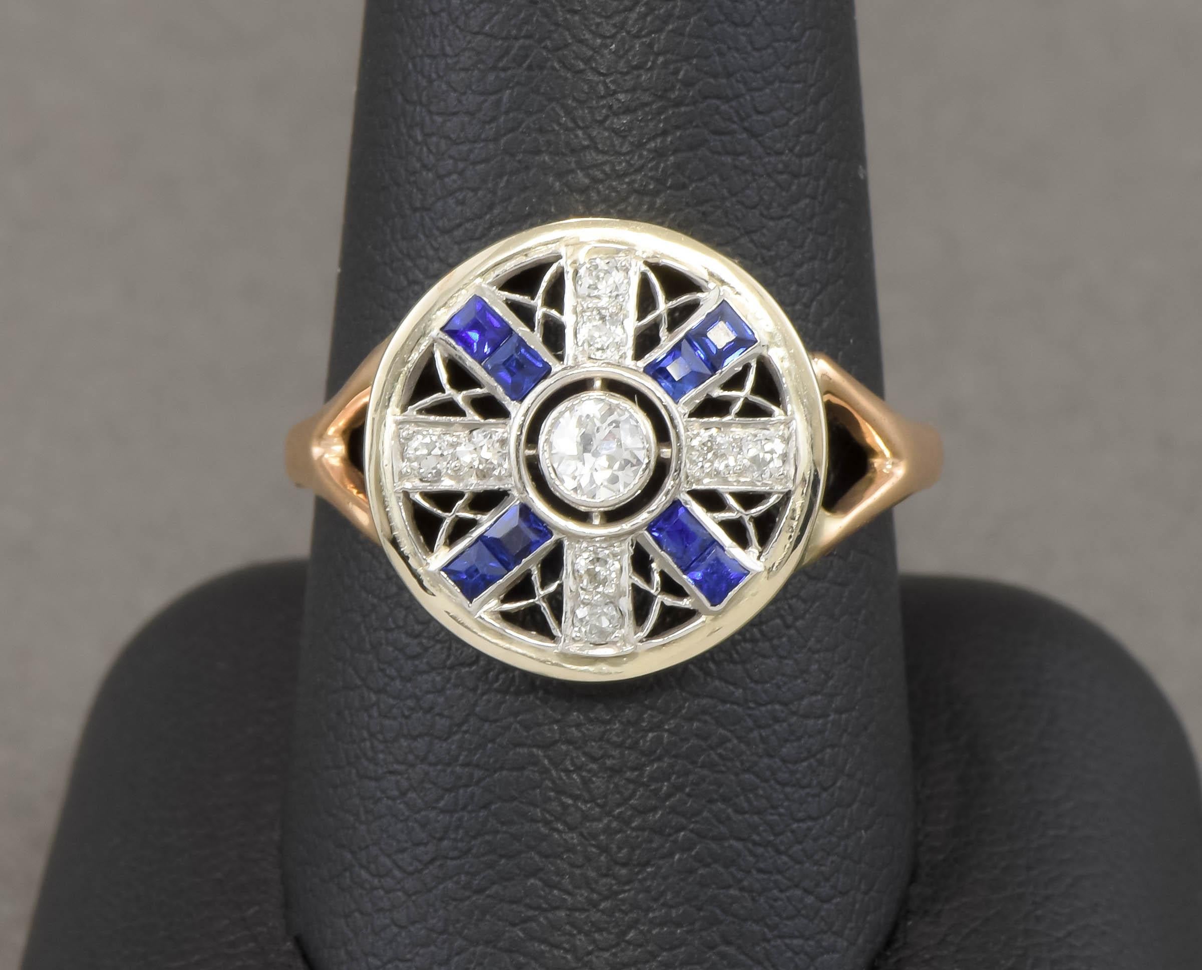 Art Deco Old Cut Diamond Target Ring with Synthetic Blue Sapphire For Sale 7