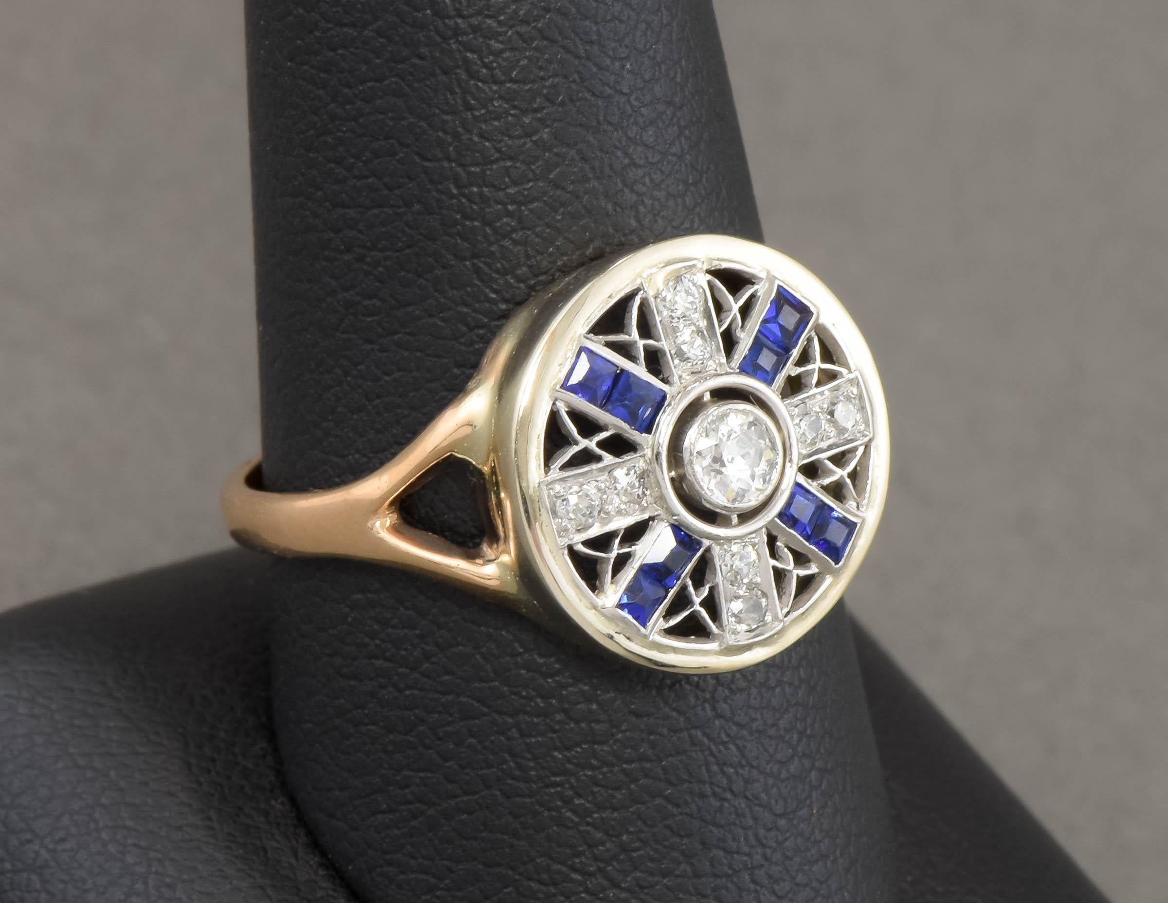 Art Deco Old Cut Diamond Target Ring with Synthetic Blue Sapphire For Sale 9