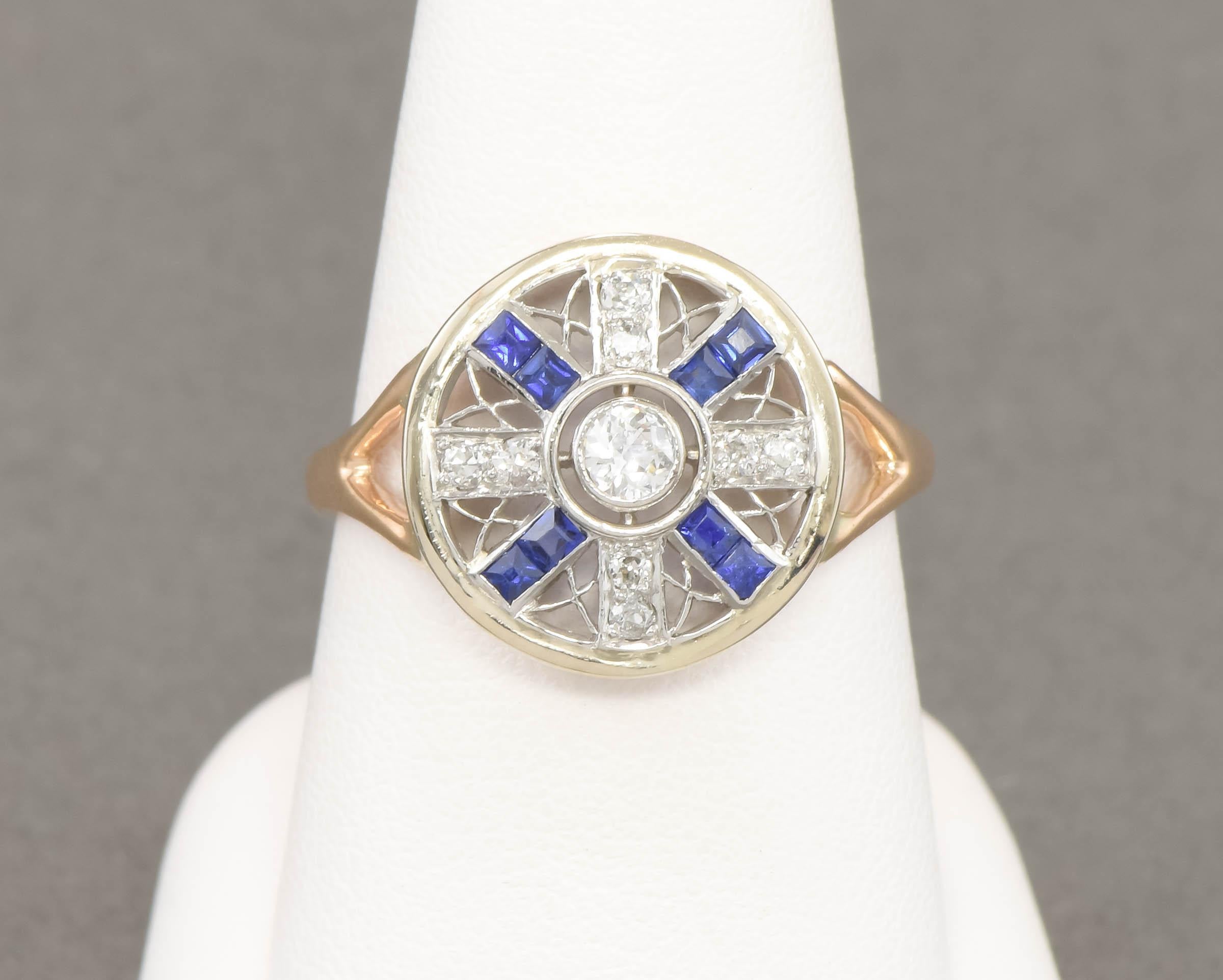 Art Deco Old Cut Diamond Target Ring with Synthetic Blue Sapphire For Sale 10
