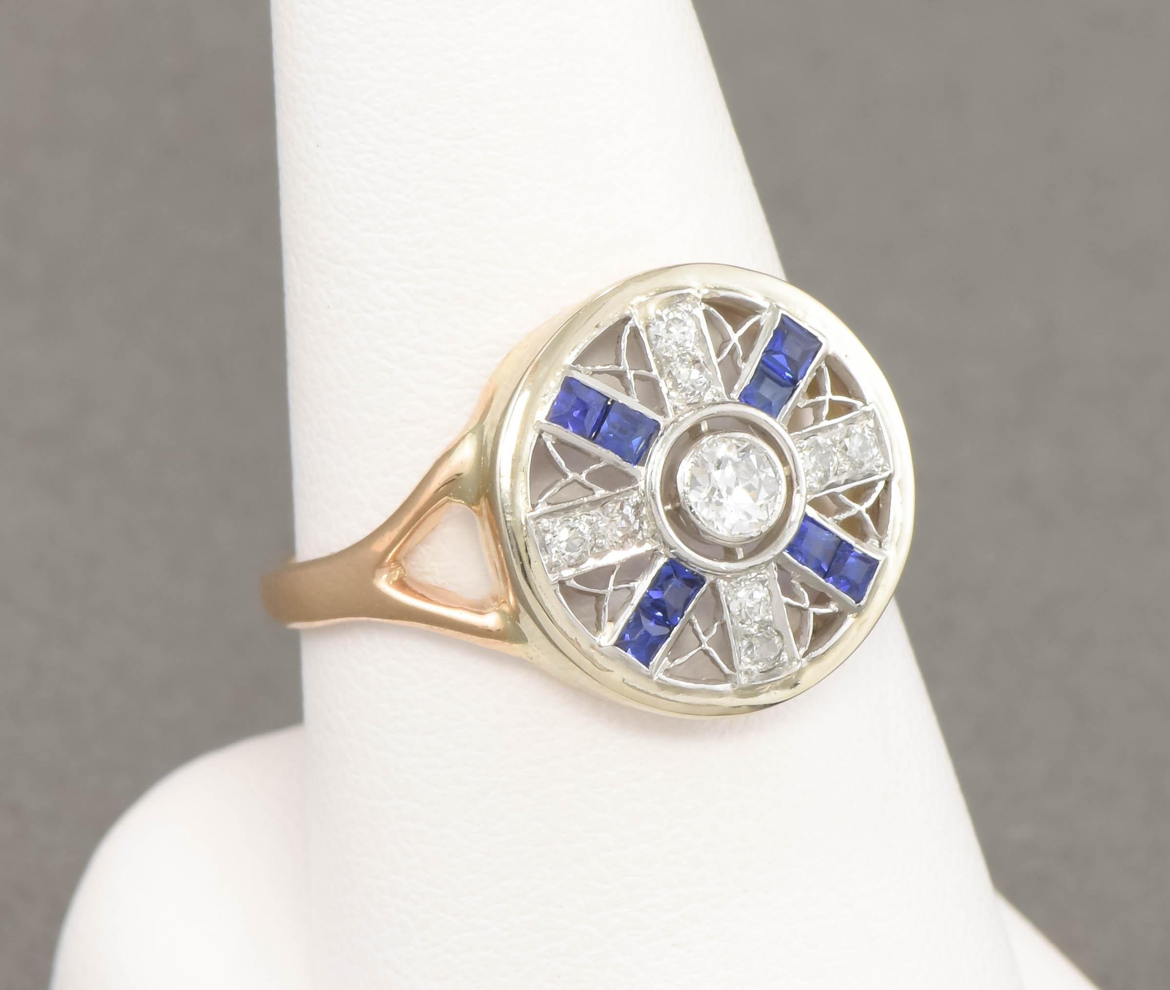 Art Deco Old Cut Diamond Target Ring with Synthetic Blue Sapphire For Sale 11