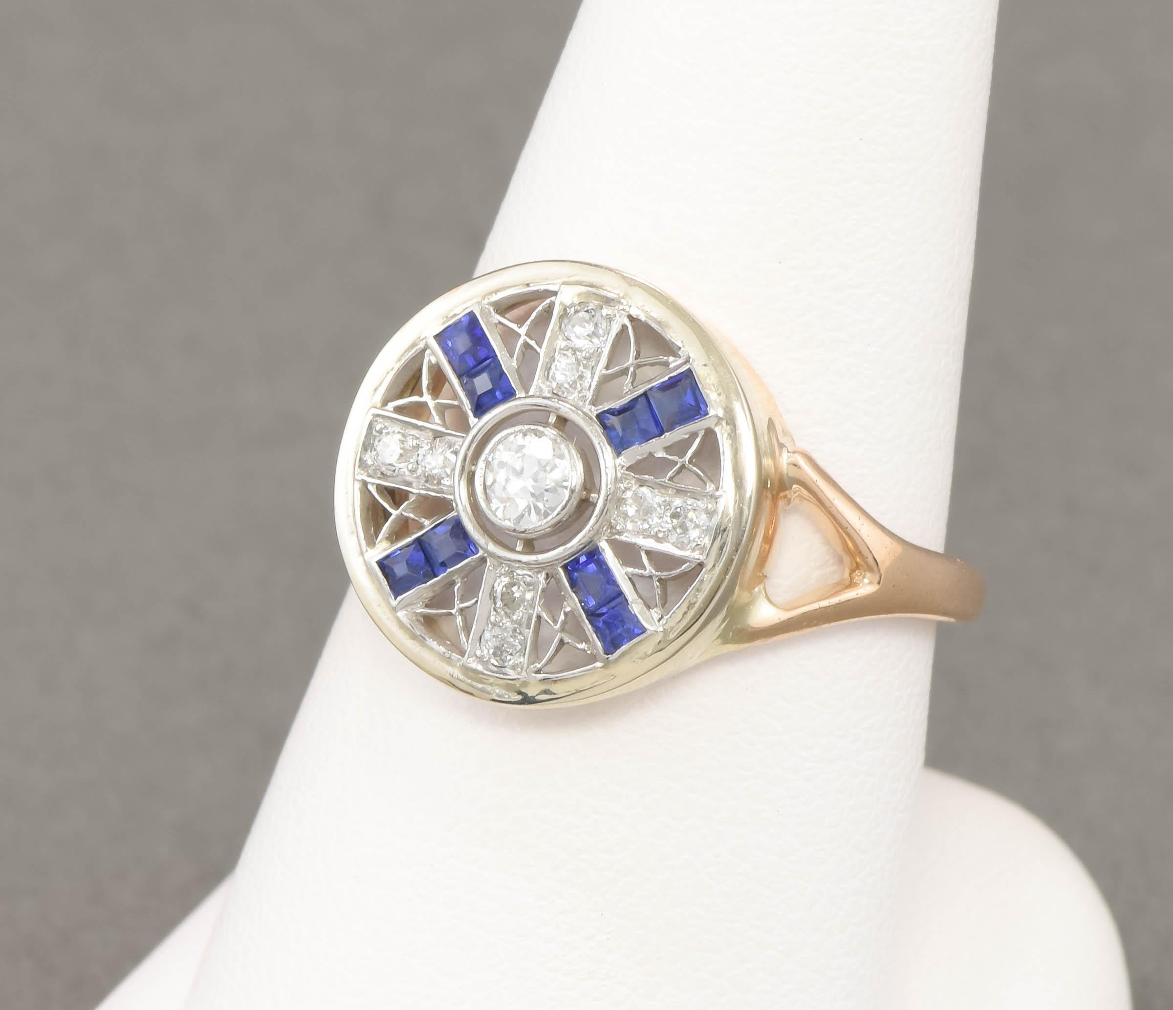 Art Deco Old Cut Diamond Target Ring with Synthetic Blue Sapphire For Sale 12
