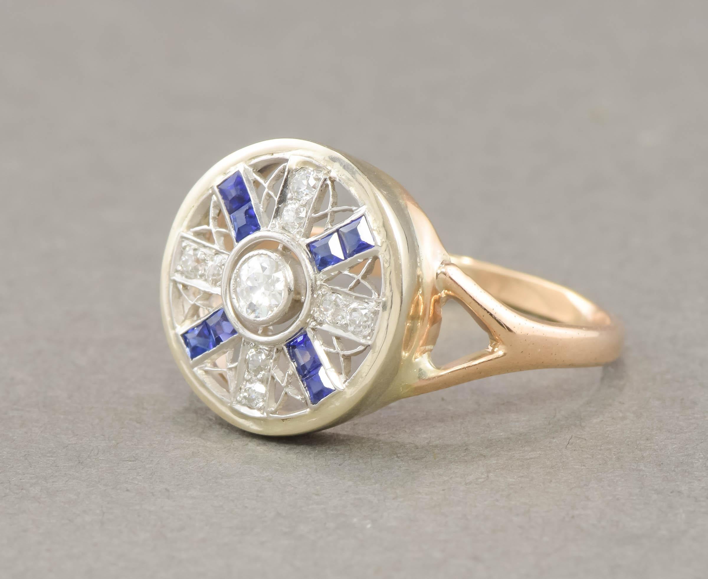 Old European Cut Art Deco Old Cut Diamond Target Ring with Synthetic Blue Sapphire For Sale