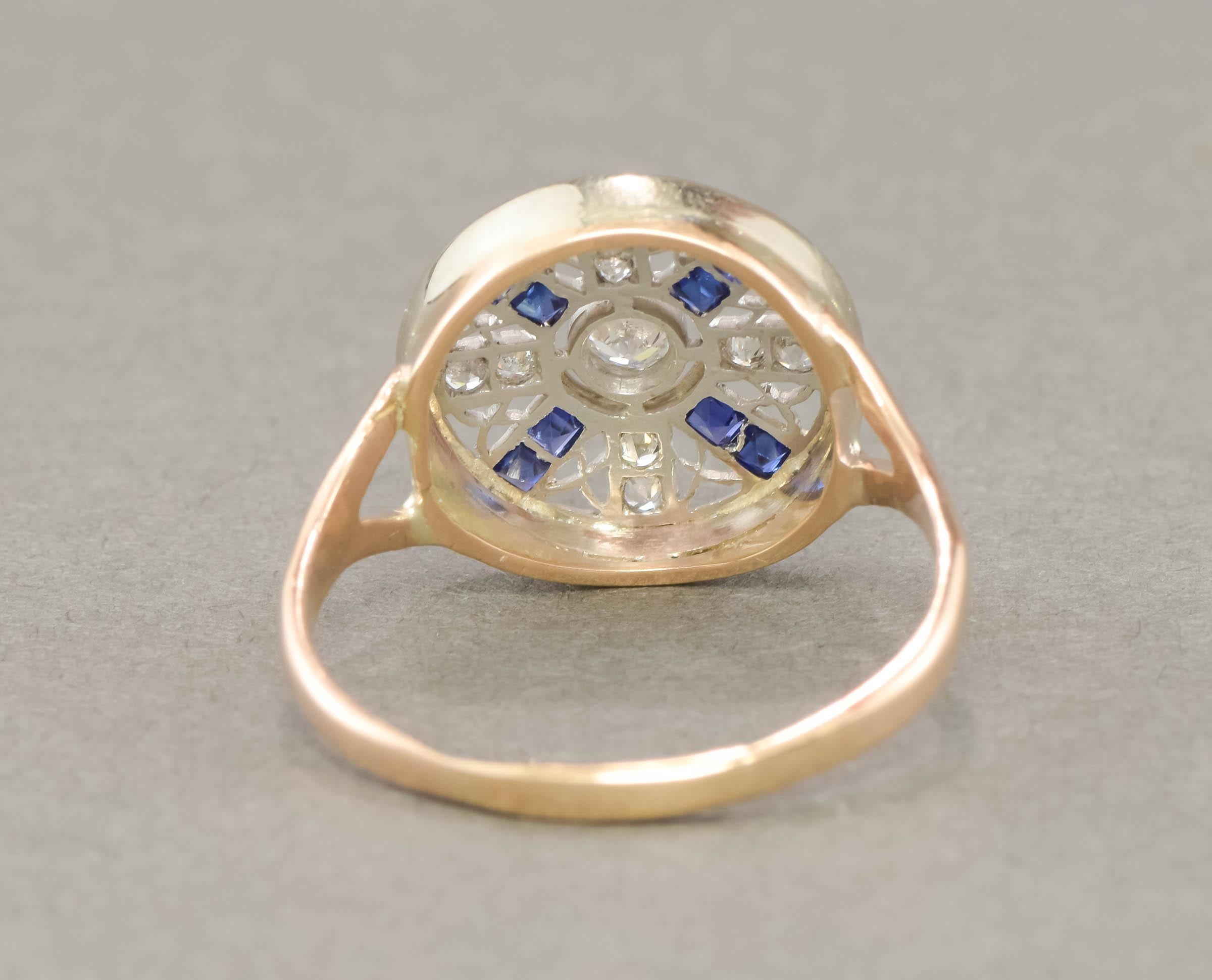 Women's or Men's Art Deco Old Cut Diamond Target Ring with Synthetic Blue Sapphire For Sale