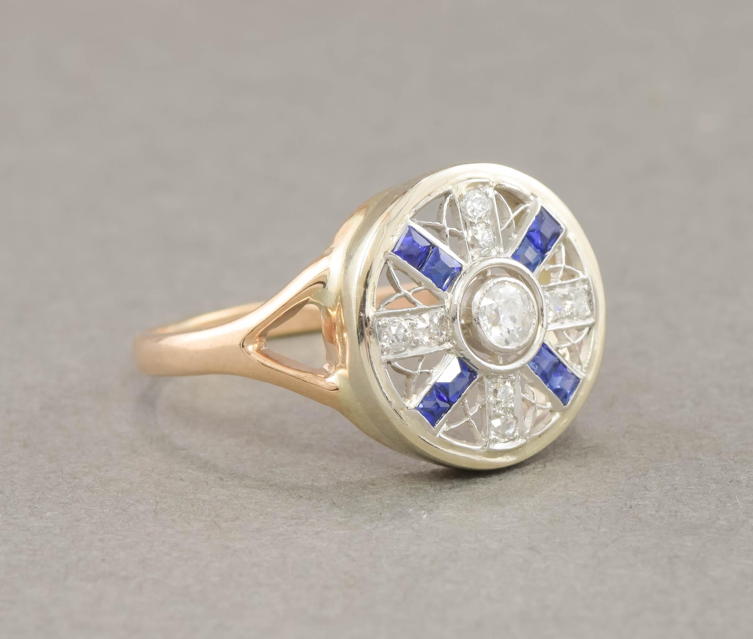 Art-Déco-Diamantring mit alteuropäischem Diamantschliff und synthetischem blauem Saphir für Damen oder Herren im Angebot