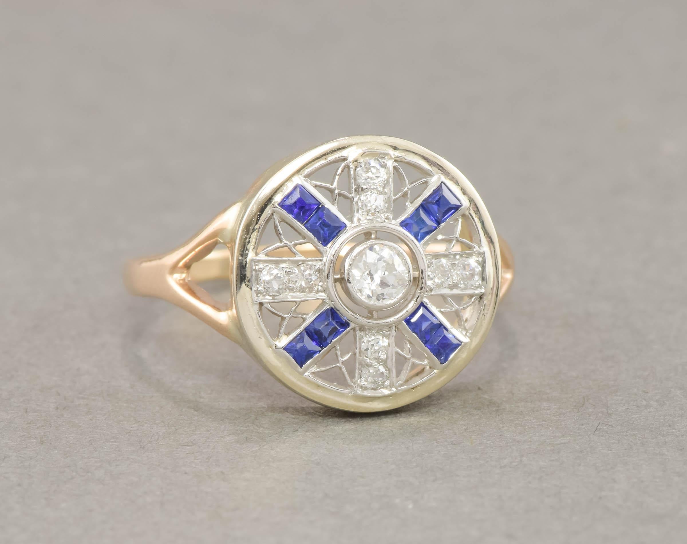 Art Deco Old Cut Diamond Target Ring with Synthetic Blue Sapphire For Sale 3