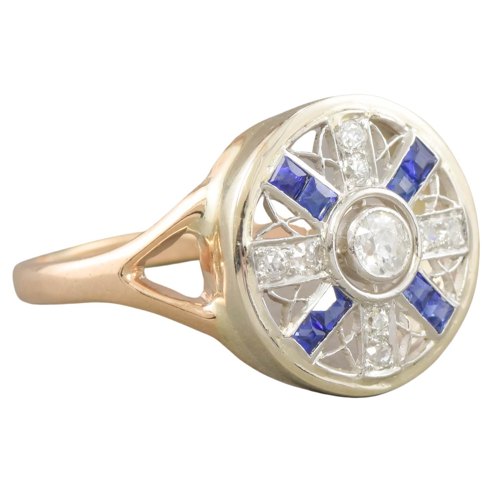 Art Deco Old Cut Diamond Target Ring with Synthetic Blue Sapphire For Sale