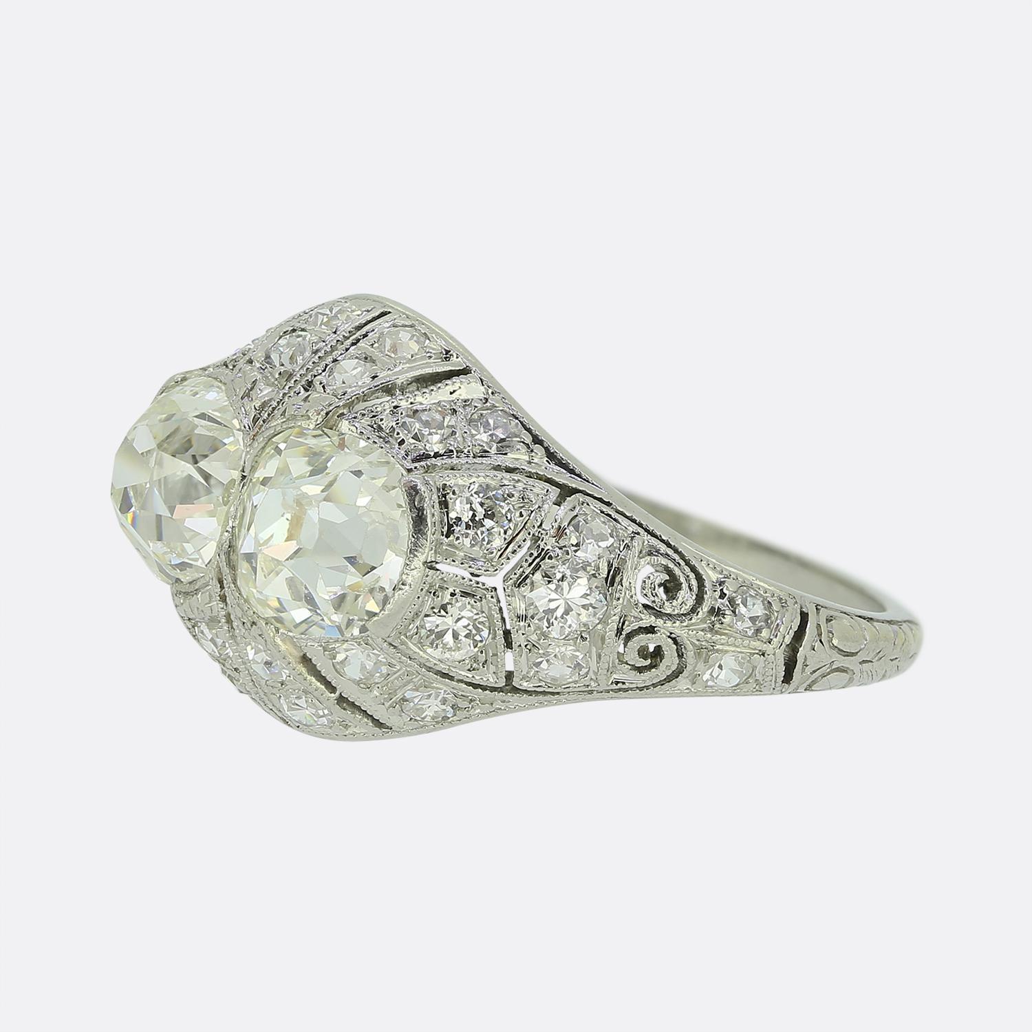 Old Mine Cut Art Deco Old Cut Diamond Two-Stone Bombe Ring