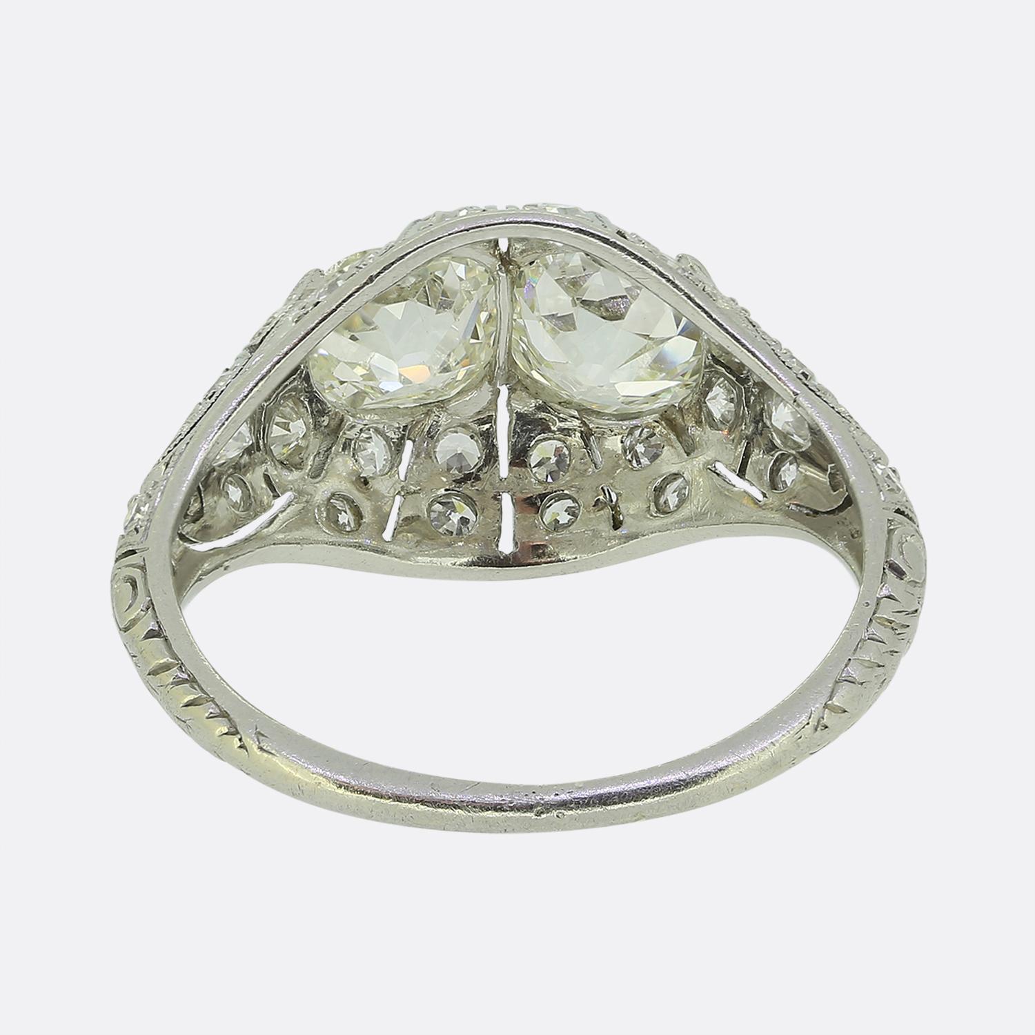 Art Deco Old Cut Diamond Two-Stone Bombe Ring In Good Condition In London, GB