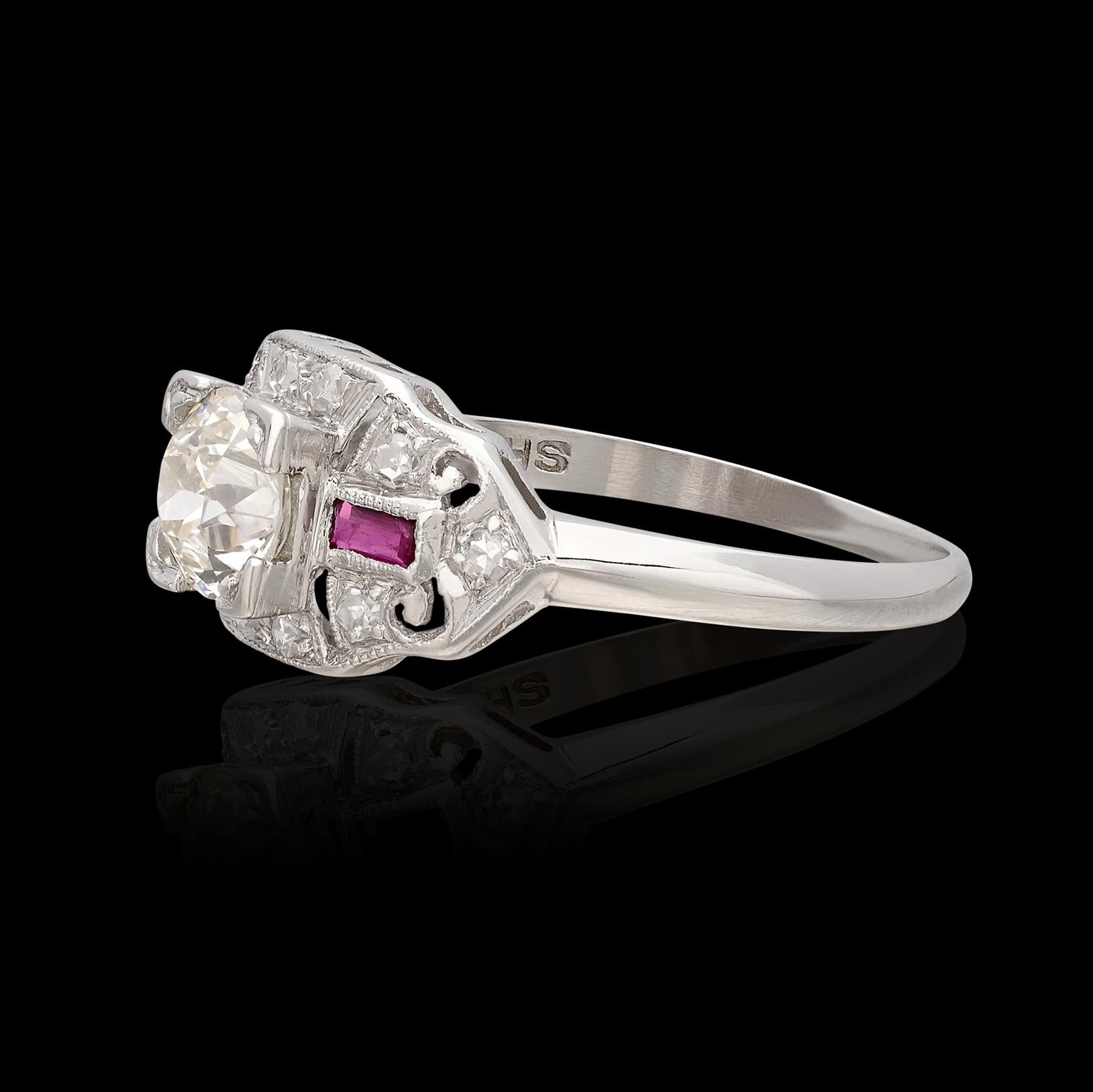 Art Deco Old Euro Cut Diamant & Rubin Ring (Art déco) im Angebot