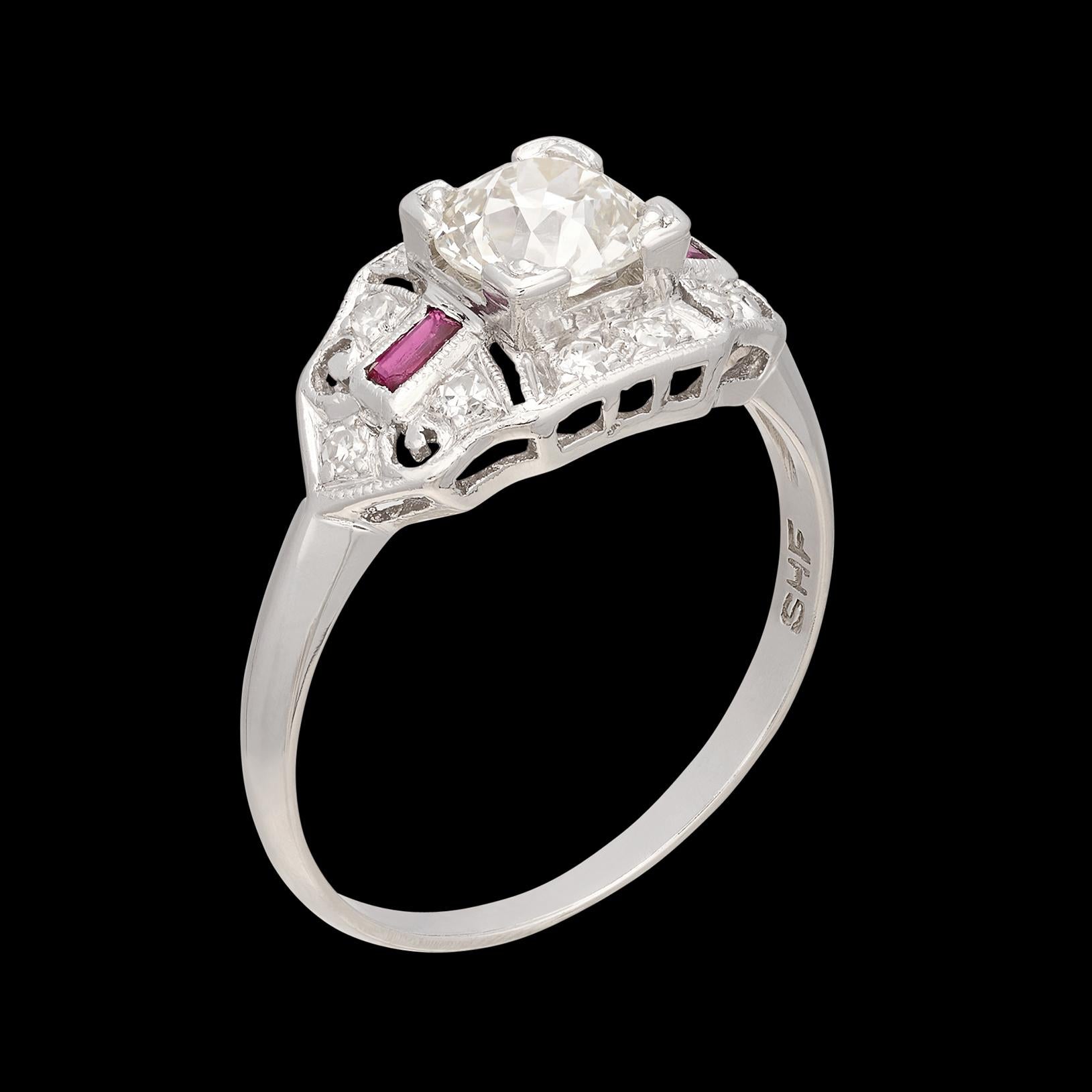 Art Deco Old Euro Cut Diamant & Rubin Ring (Alteuropäischer Schliff) im Angebot