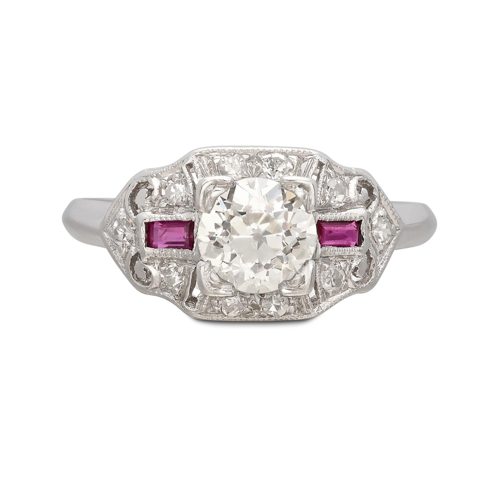 Art Deco Old Euro Cut Diamond & Ruby Ring In Excellent Condition For Sale In San Francisco, CA