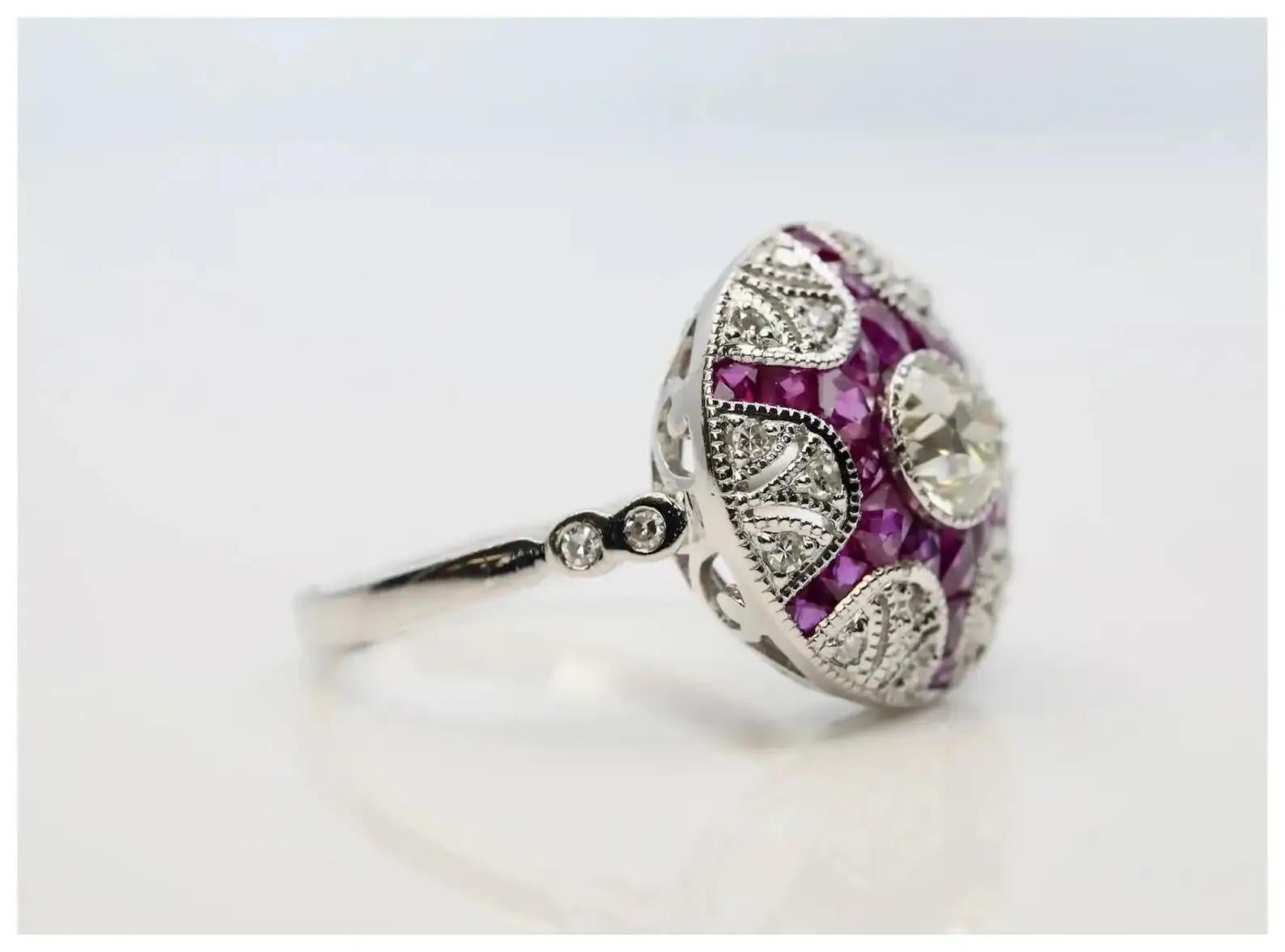 Art Deco Old Euro Diamond & French Cut Ruby Dome Ring in Platinum In Excellent Condition For Sale In Boston, MA