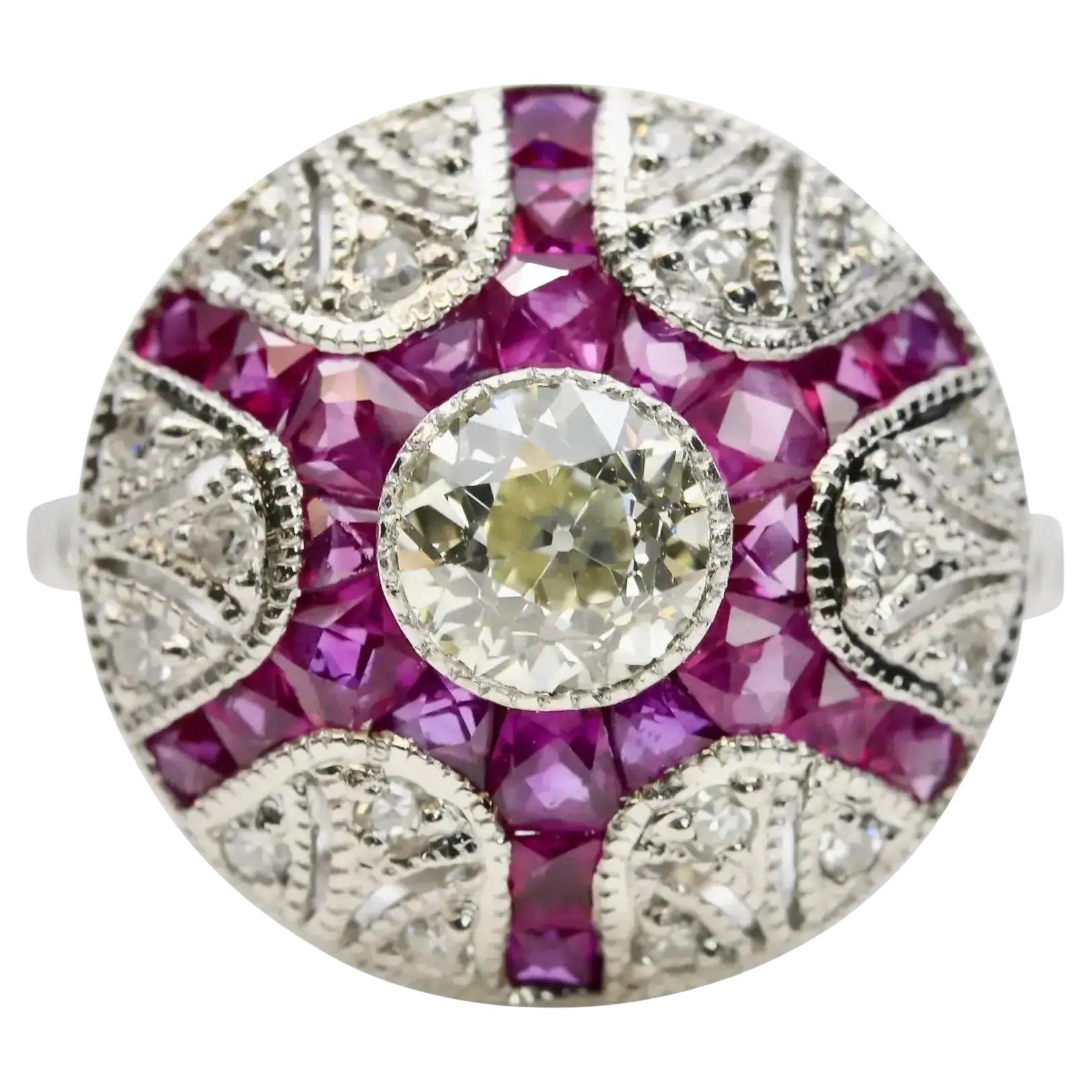 Art Deco Old Euro Diamond & French Cut Ruby Dome Ring in Platinum For Sale