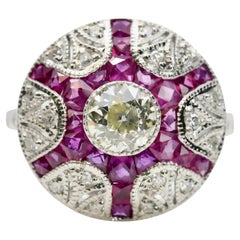 Art Deco Old Euro Diamond & French Cut Ruby Dome Ring in Platin
