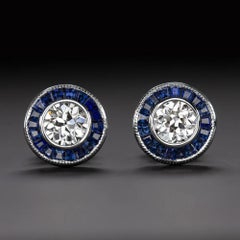 Art Deco Old Euro Diamond & Sapphire Stud Earrings in 14K White Gold