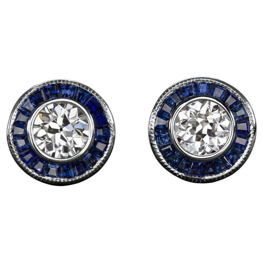 Art Deco Old Euro Diamond & Sapphire Stud Earrings in 14K White Gold