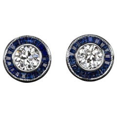Art Deco Old Euro Diamond & Sapphire Stud Earrings in 14K White Gold