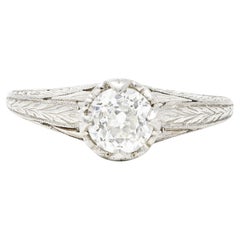 Art Deco Old European 0.67 Carats Diamond Platinum Foliate Engagement Ring Art Deco Old European 0.67 Carats Diamond Platinum Foliate Engagement Ring