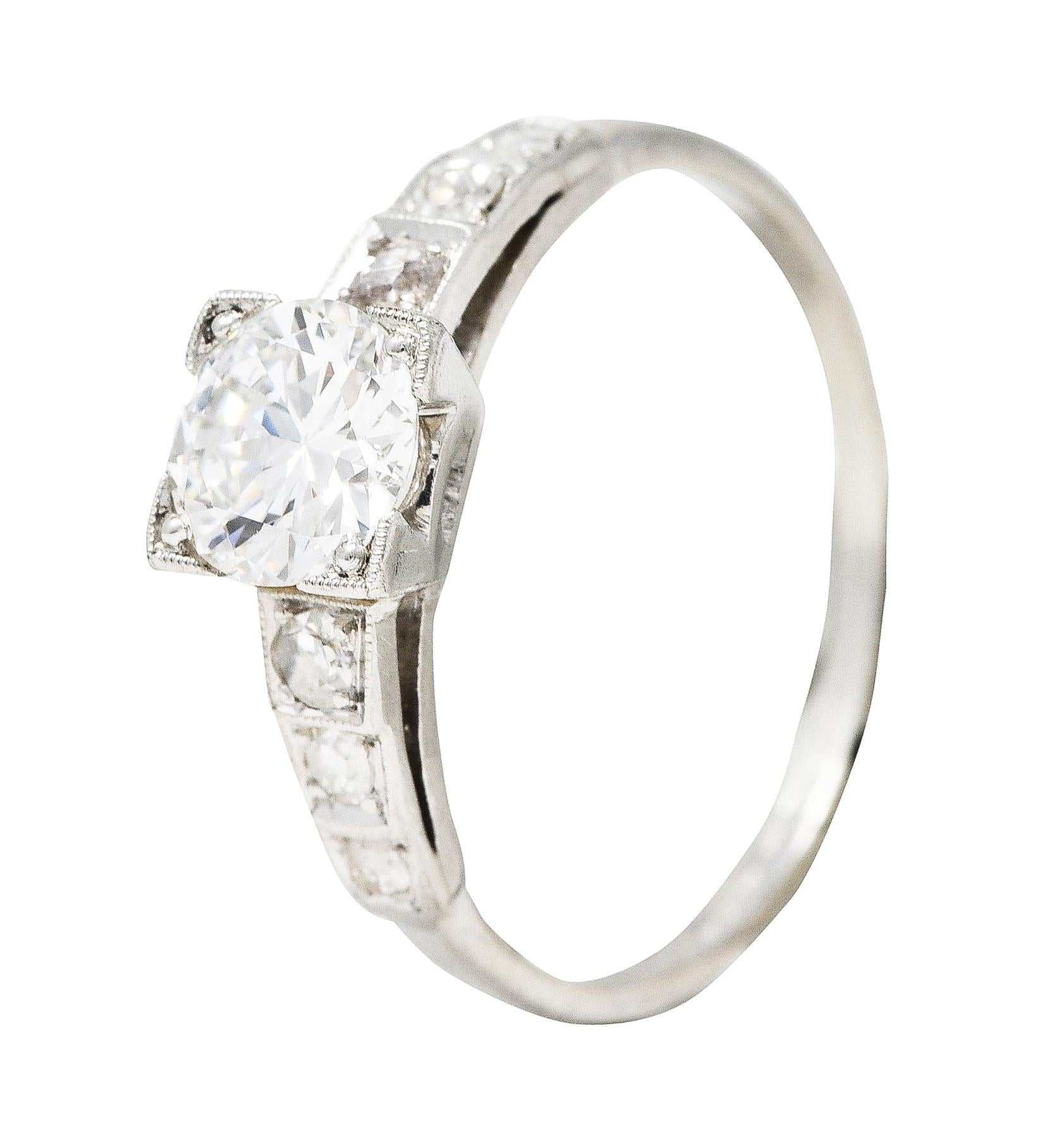 Art Deco Old European 0.93 Carat Diamond Platinum Engagement Ring For Sale 3