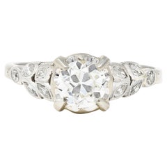 Art Deco Old European 1.08 Carats Diamond Platinum Foliate Engagement Ring