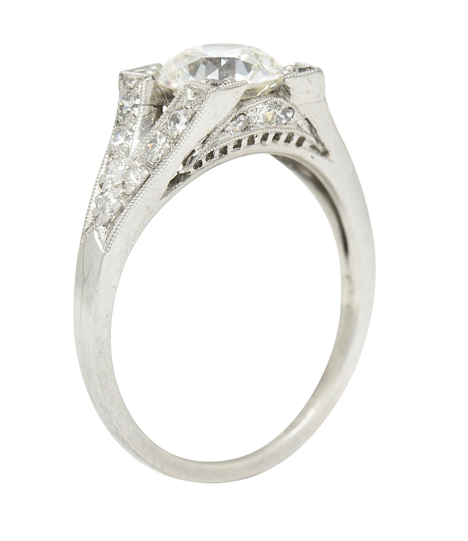Art Deco Old European 1.15 Carats Diamond Platinum Chevron Engagement Ring GIA For Sale 5
