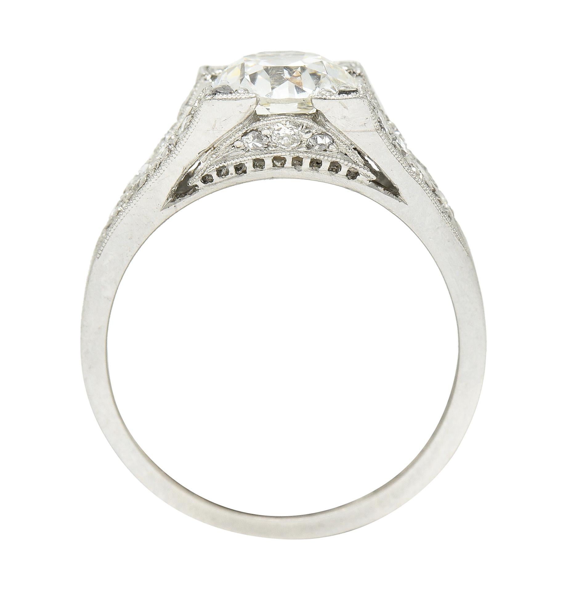 Art Deco Old European 1.15 Carats Diamond Platinum Chevron Engagement Ring GIA For Sale 6