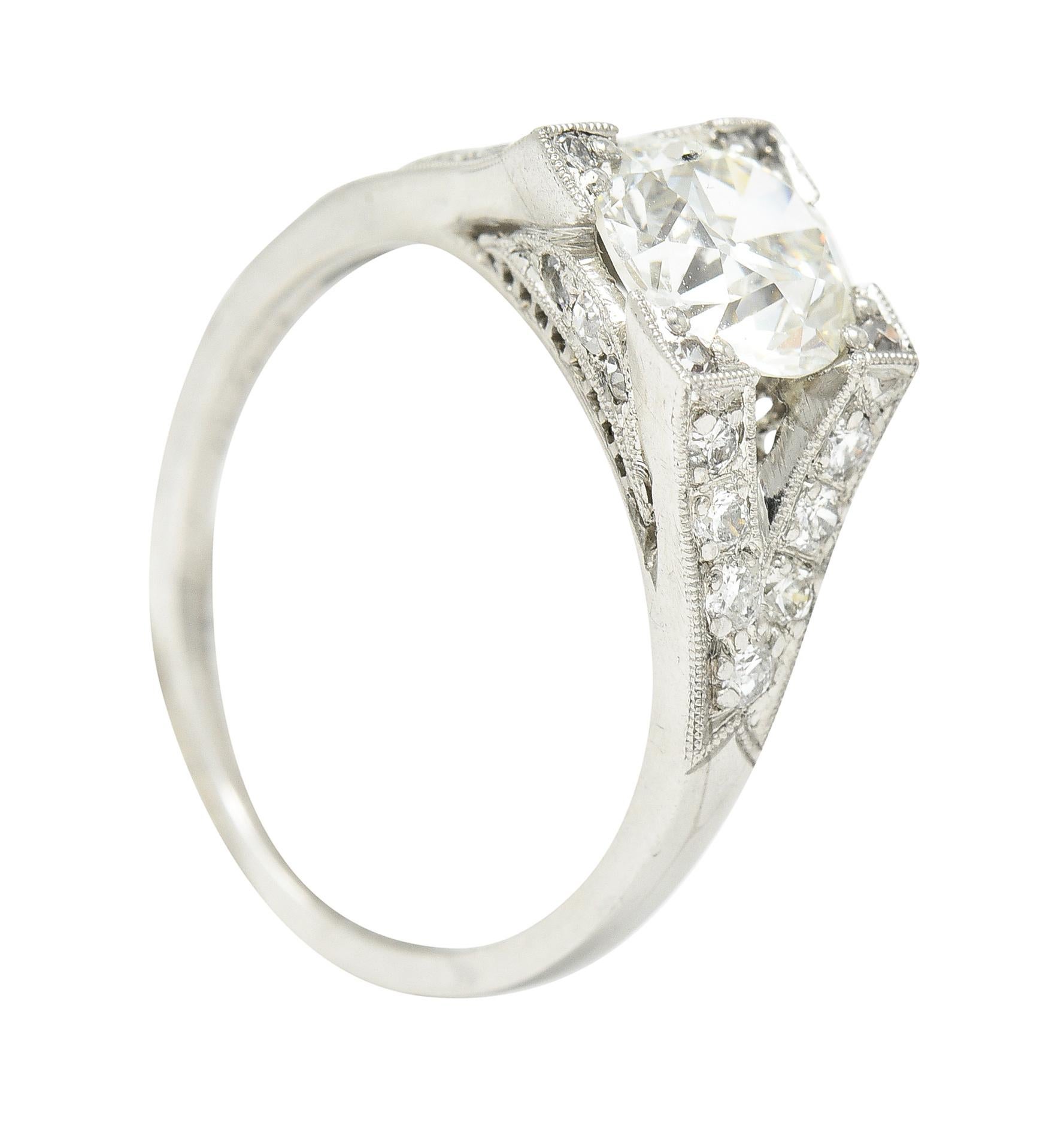 Art Deco Old European 1.15 Carats Diamond Platinum Chevron Engagement Ring GIA For Sale 7