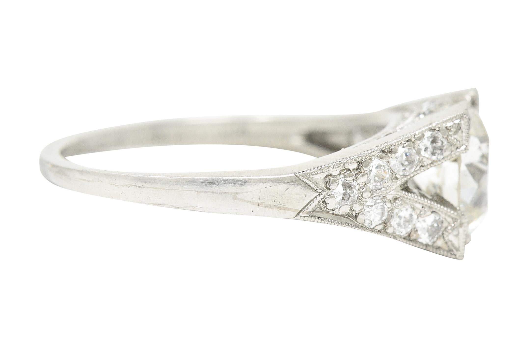 Old European Cut Art Deco Old European 1.15 Carats Diamond Platinum Chevron Engagement Ring GIA For Sale