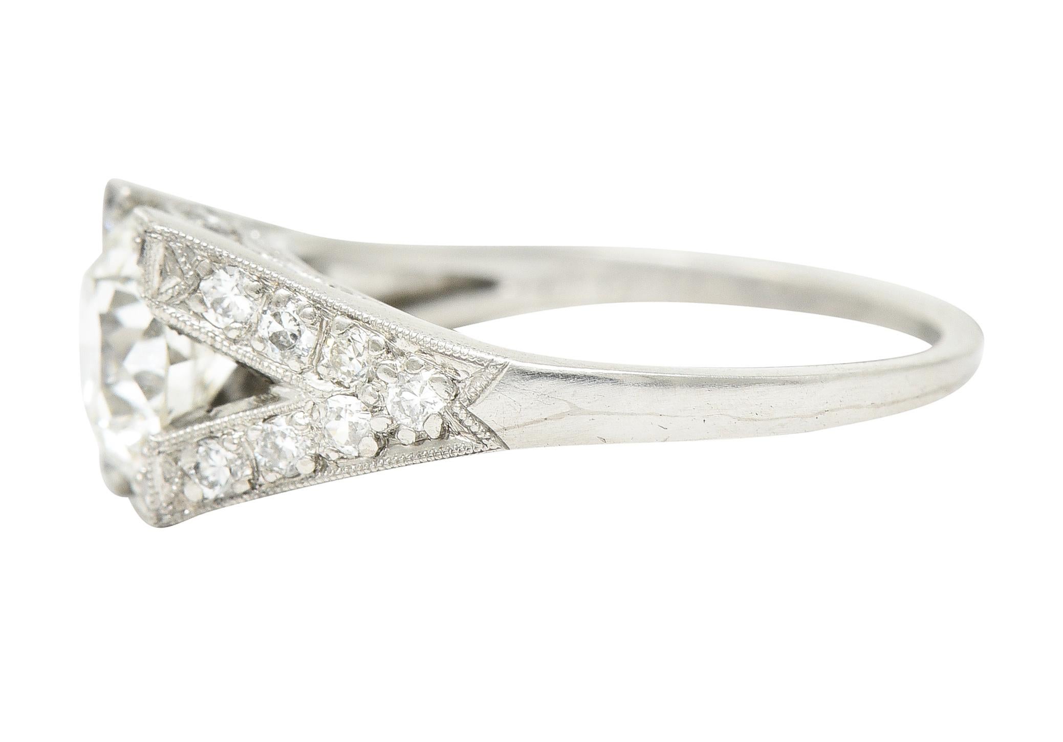 Women's or Men's Art Deco Old European 1.15 Carats Diamond Platinum Chevron Engagement Ring GIA For Sale