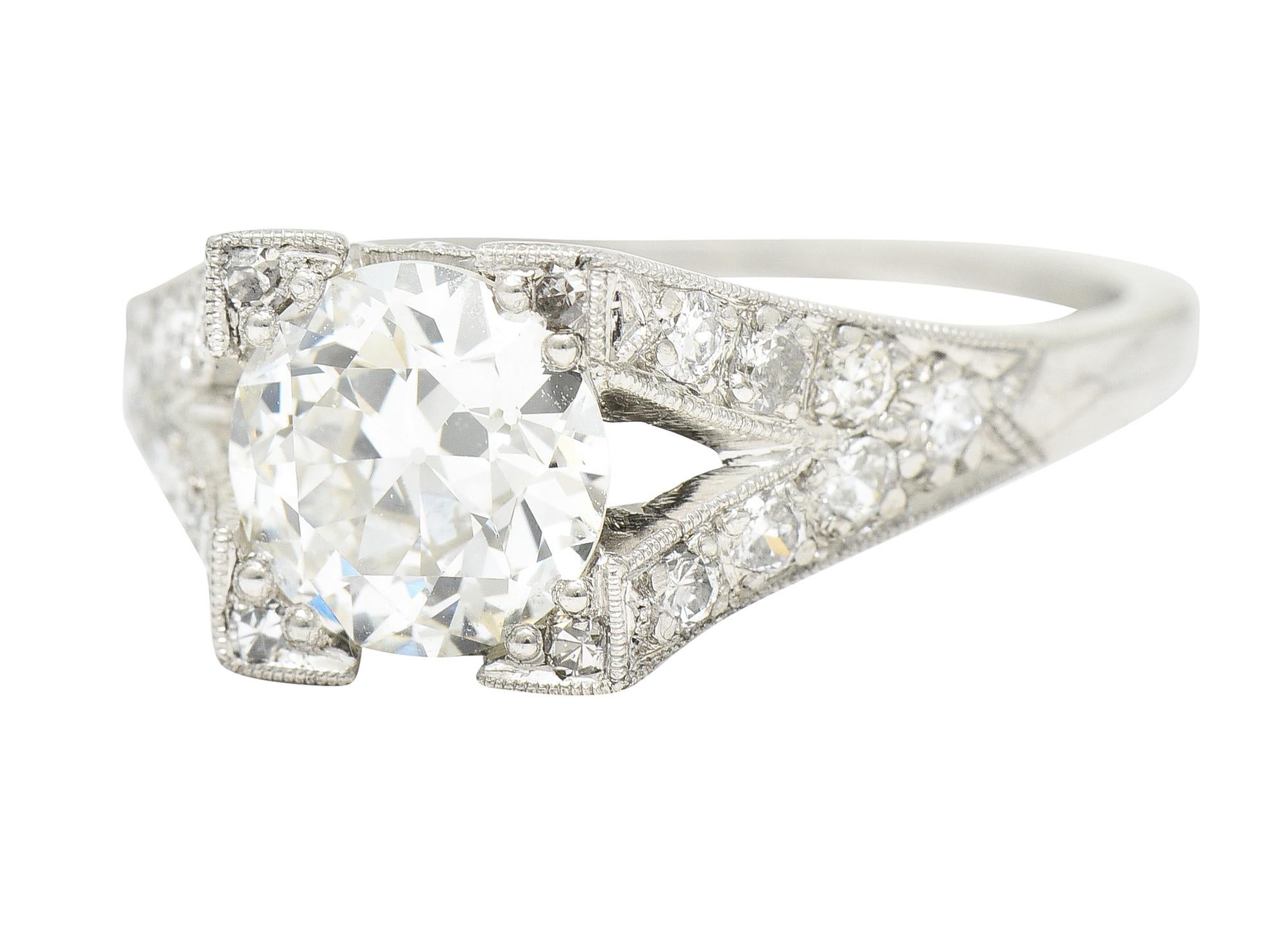 Art Deco Old European 1.15 Carats Diamond Platinum Chevron Engagement Ring GIA For Sale 1