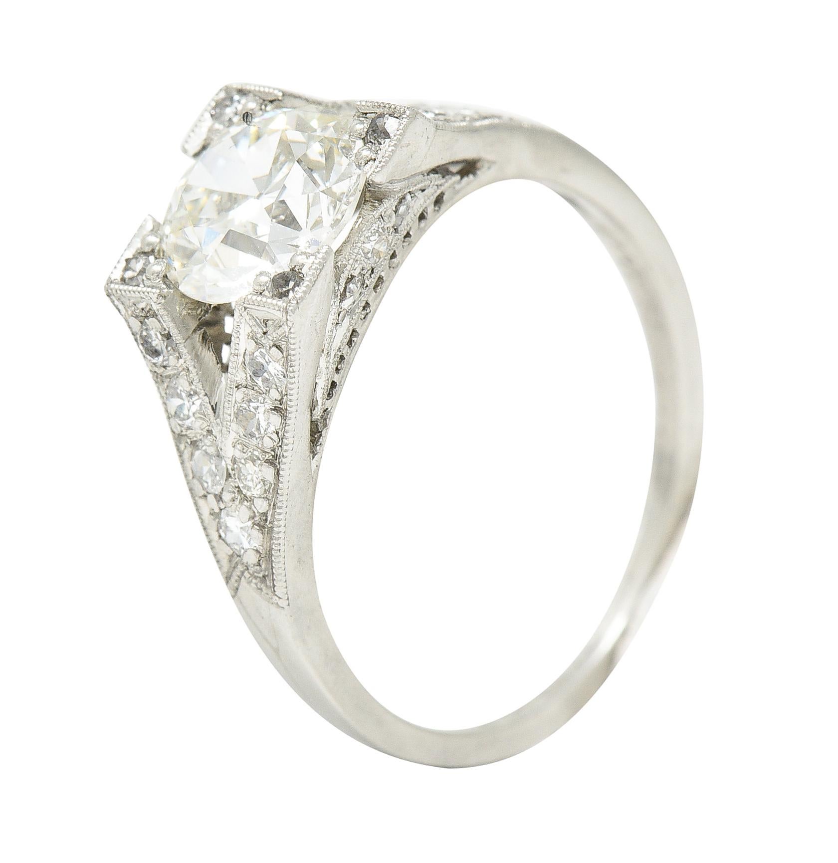 Art Deco Old European 1.15 Carats Diamond Platinum Chevron Engagement Ring GIA For Sale 3