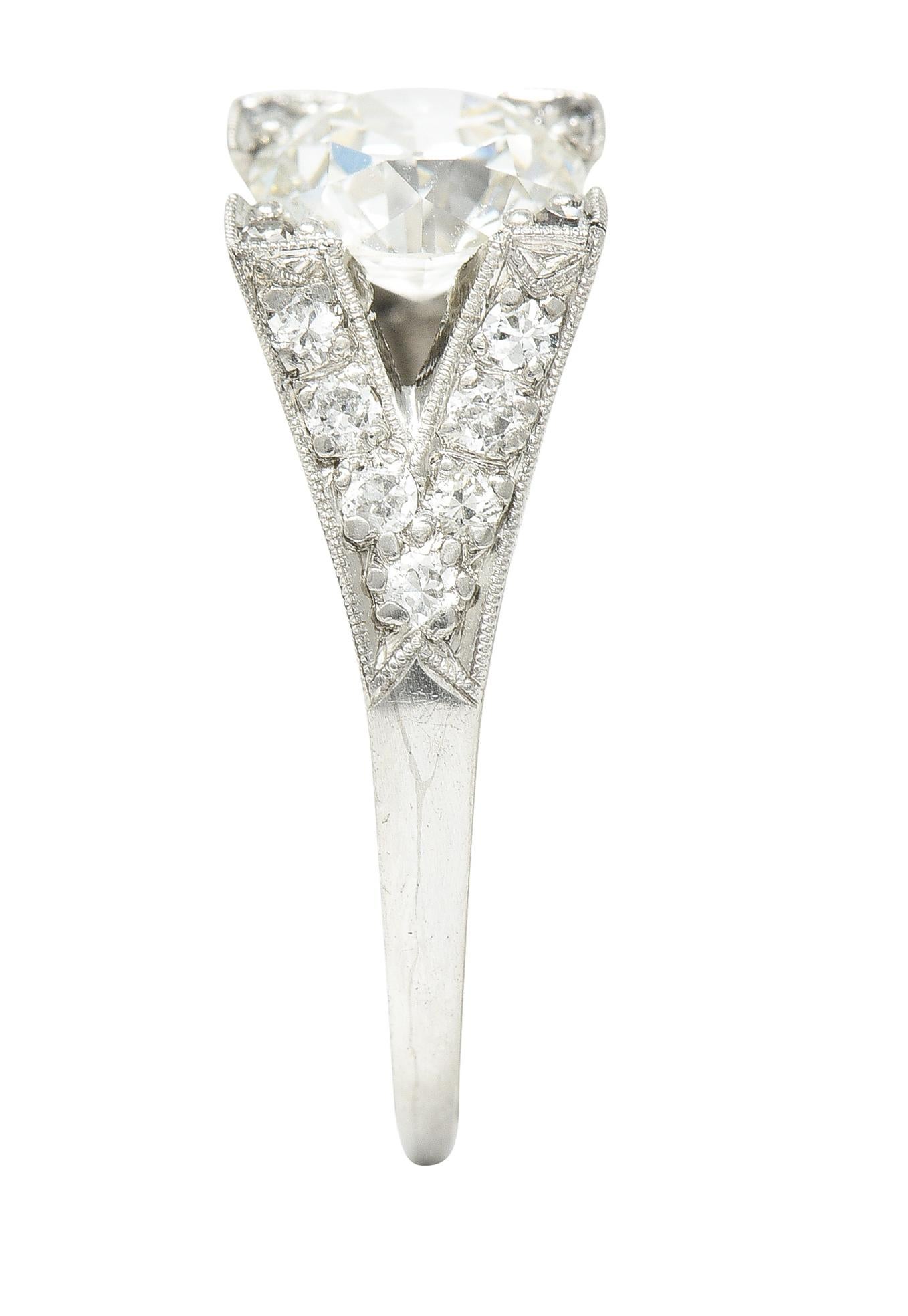 Art Deco Old European 1.15 Carats Diamond Platinum Chevron Engagement Ring GIA For Sale 4