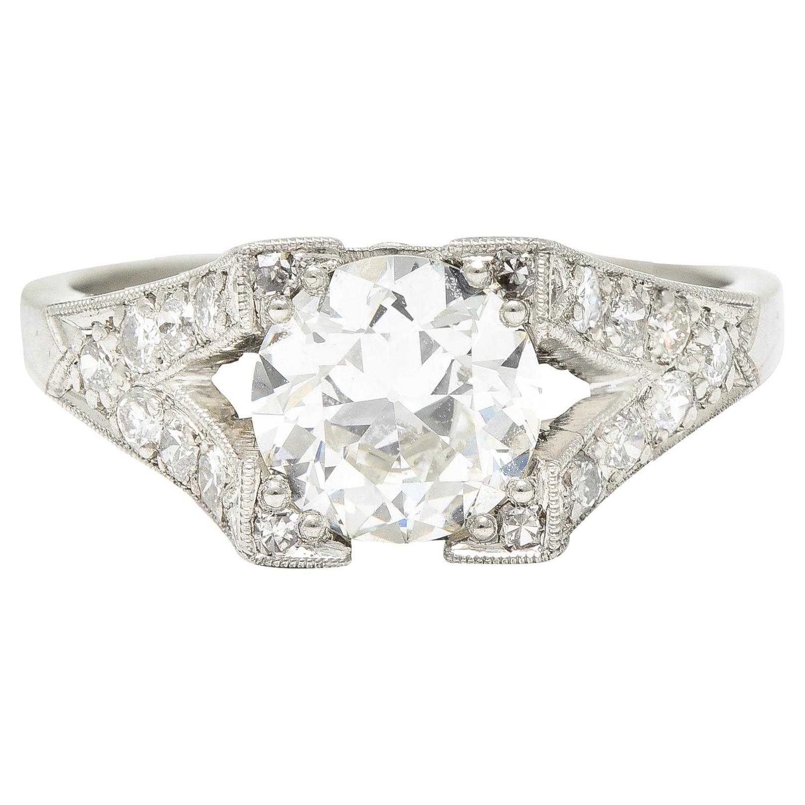 Art Deco Old European 1.15 Carats Diamond Platinum Chevron Engagement Ring GIA For Sale