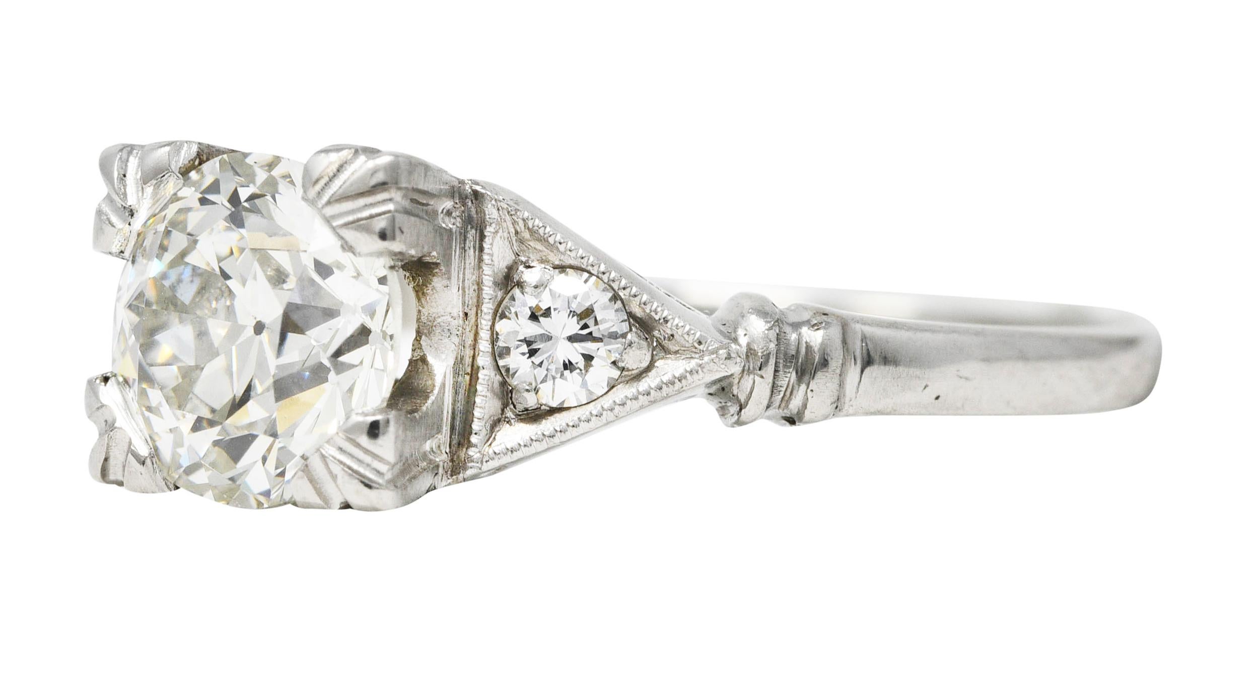 Art Deco Old European 1.26 Carats Diamond Platinum Geometric Engagement Ring GIA For Sale 1