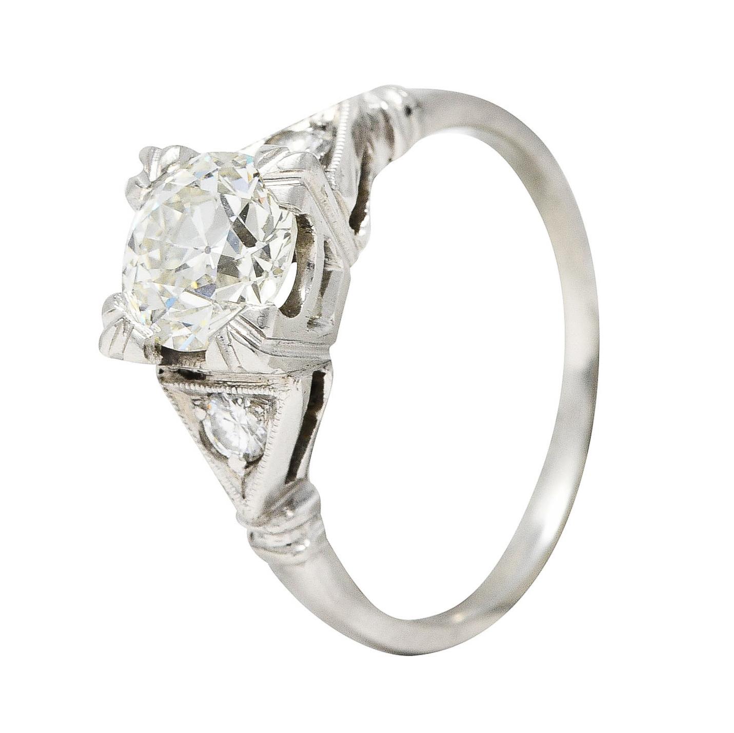 Art Deco Old European 1.26 Carats Diamond Platinum Geometric Engagement Ring GIA For Sale 4