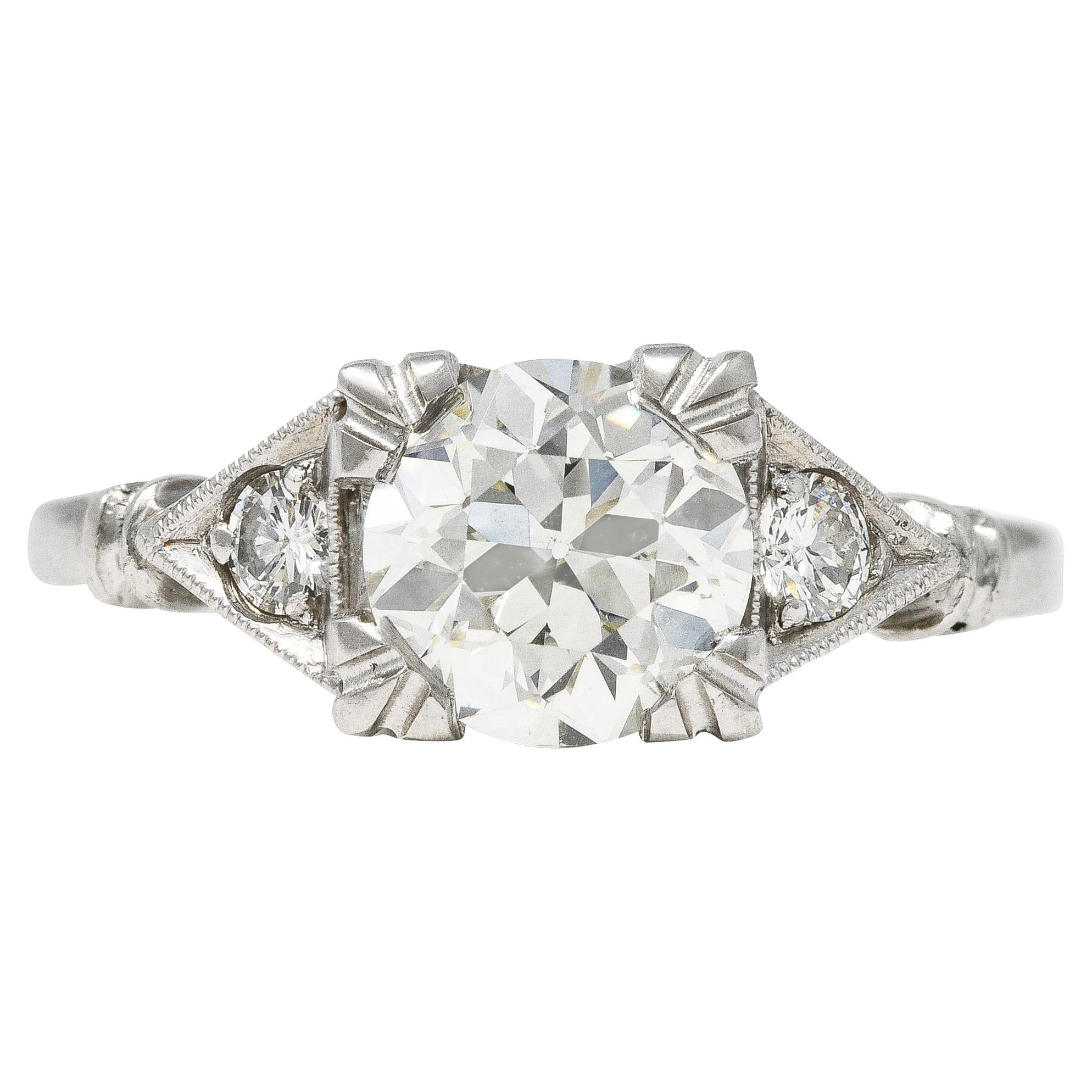 Art Deco Old European 1.26 Carats Diamond Platinum Geometric Engagement Ring GIA For Sale