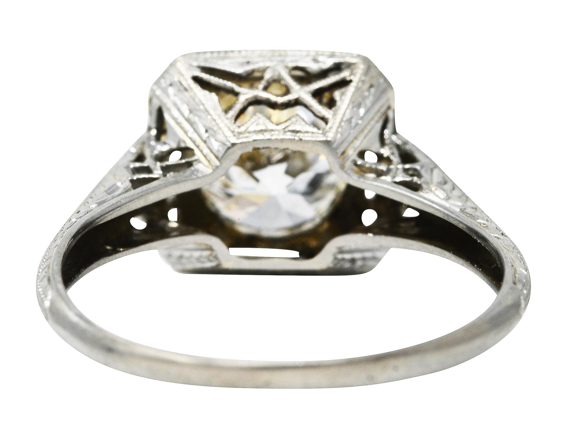 Women's or Men's Art Deco Old European 1.34 Carats Diamond 18 Karat Octagonal Engagement Ring For Sale