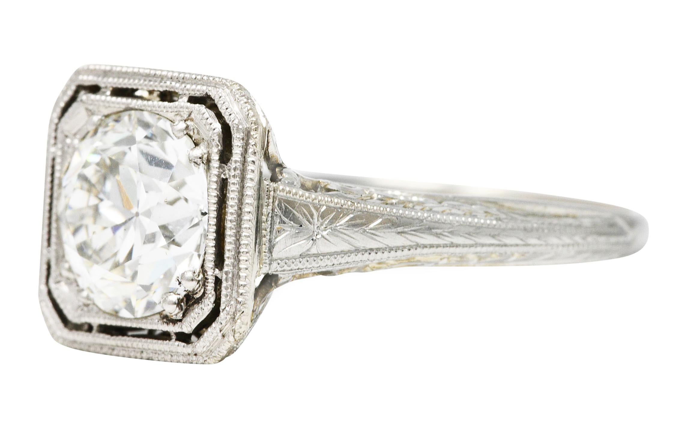 Art Deco Old European 1.34 Carats Diamond 18 Karat Octagonal Engagement Ring For Sale 2