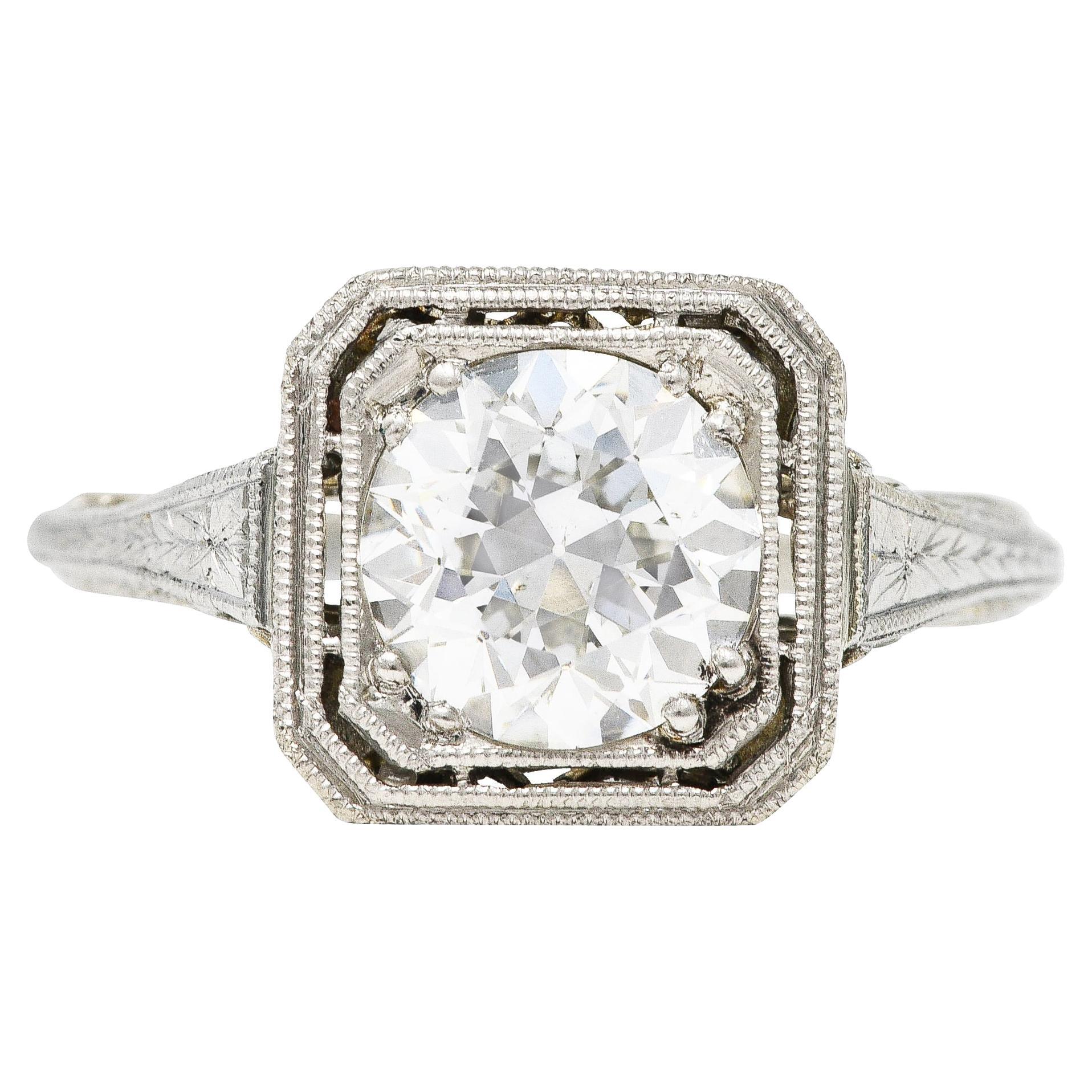 Art Deco Old European 1.34 Carats Diamond 18 Karat Octagonal Engagement Ring For Sale