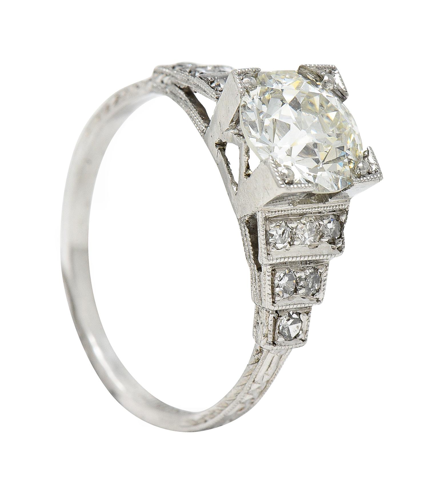 Art Deco Old European 1.82 Carats Diamond Platinum Stepped Engagement Ring GIA 5