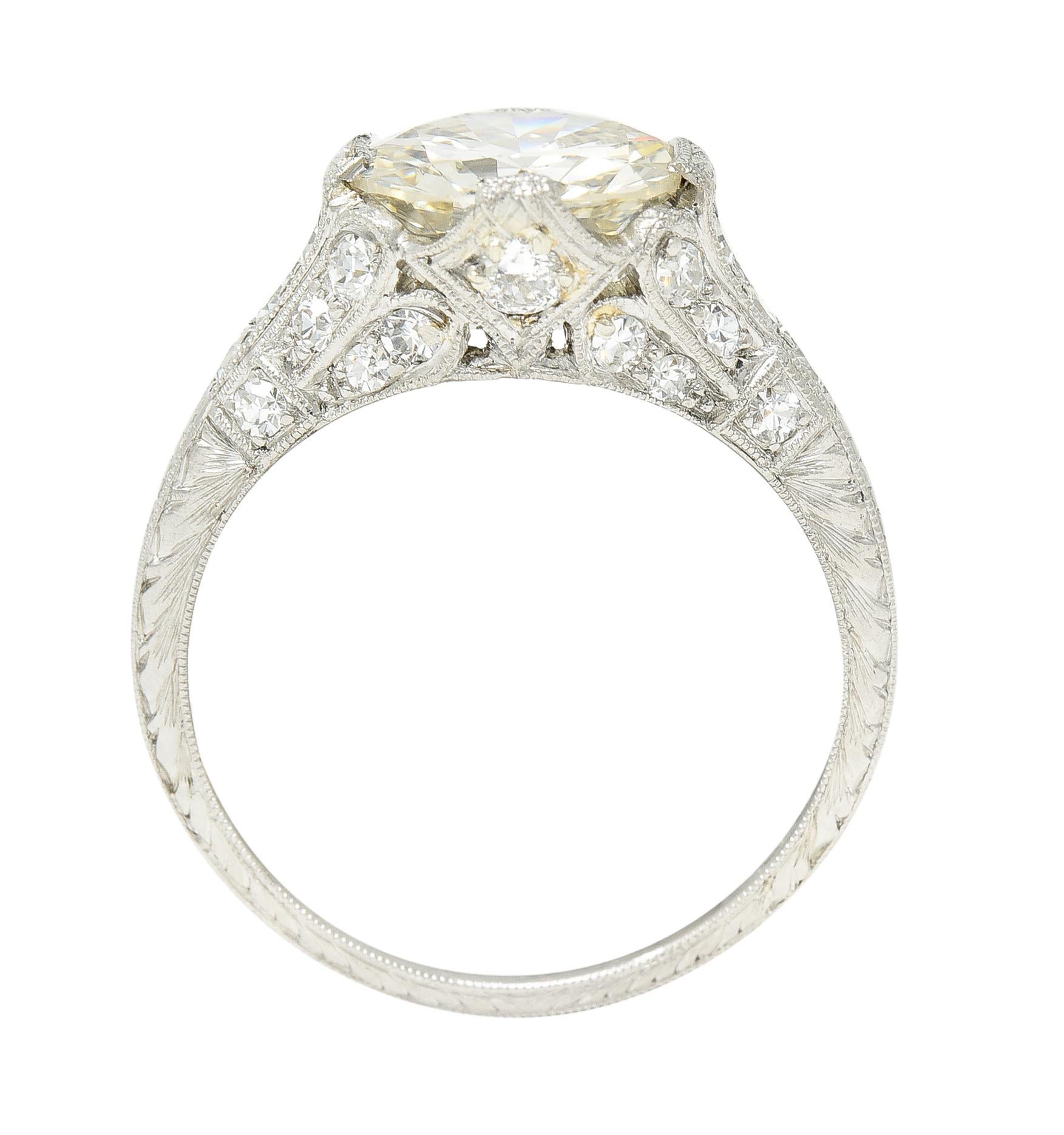Art Deco Old European 2.28 Carats Diamond Platinum Wheat Engagement Ring GIA 5