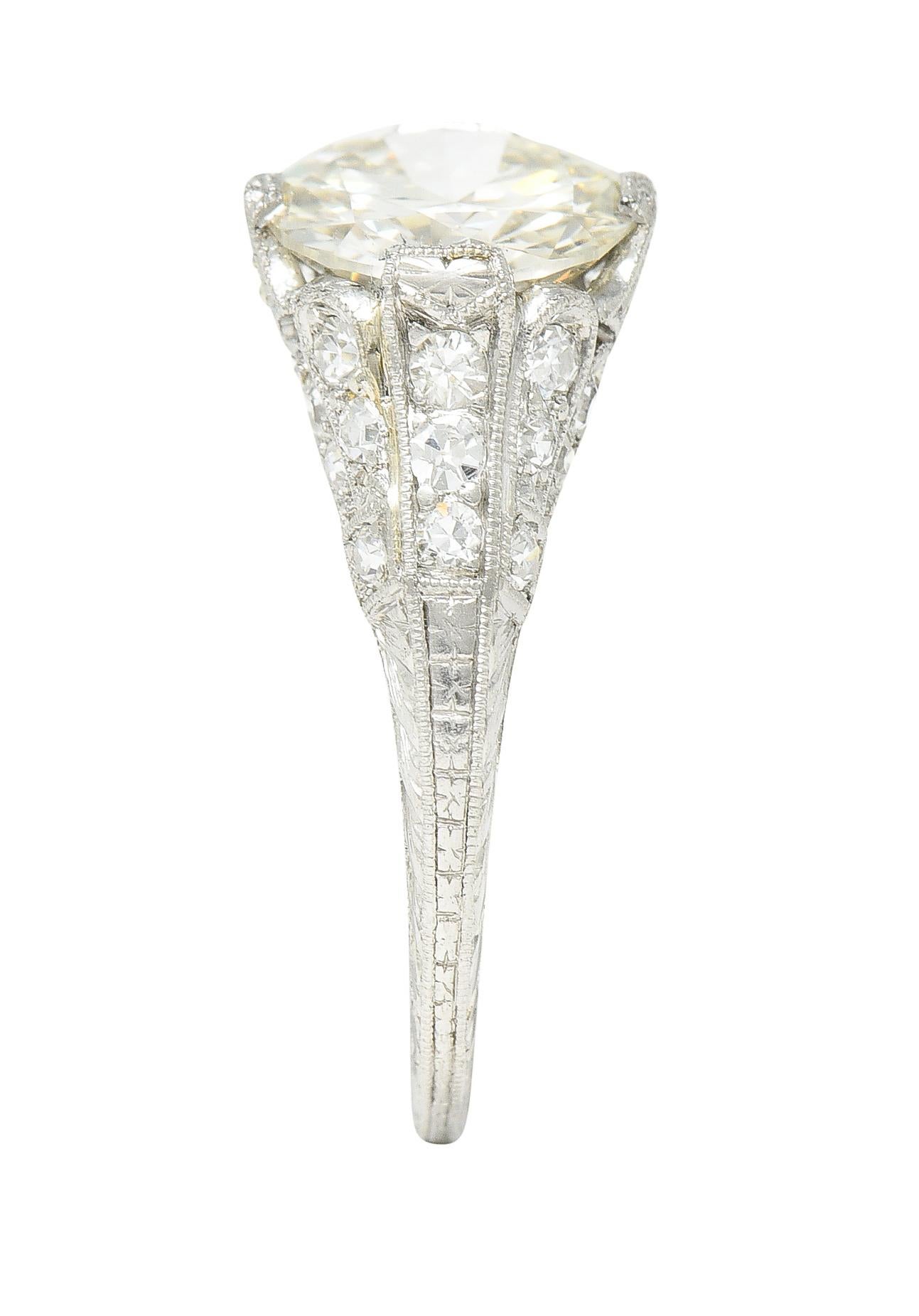 Art Deco Old European 2.28 Carats Diamond Platinum Wheat Engagement Ring GIA 6
