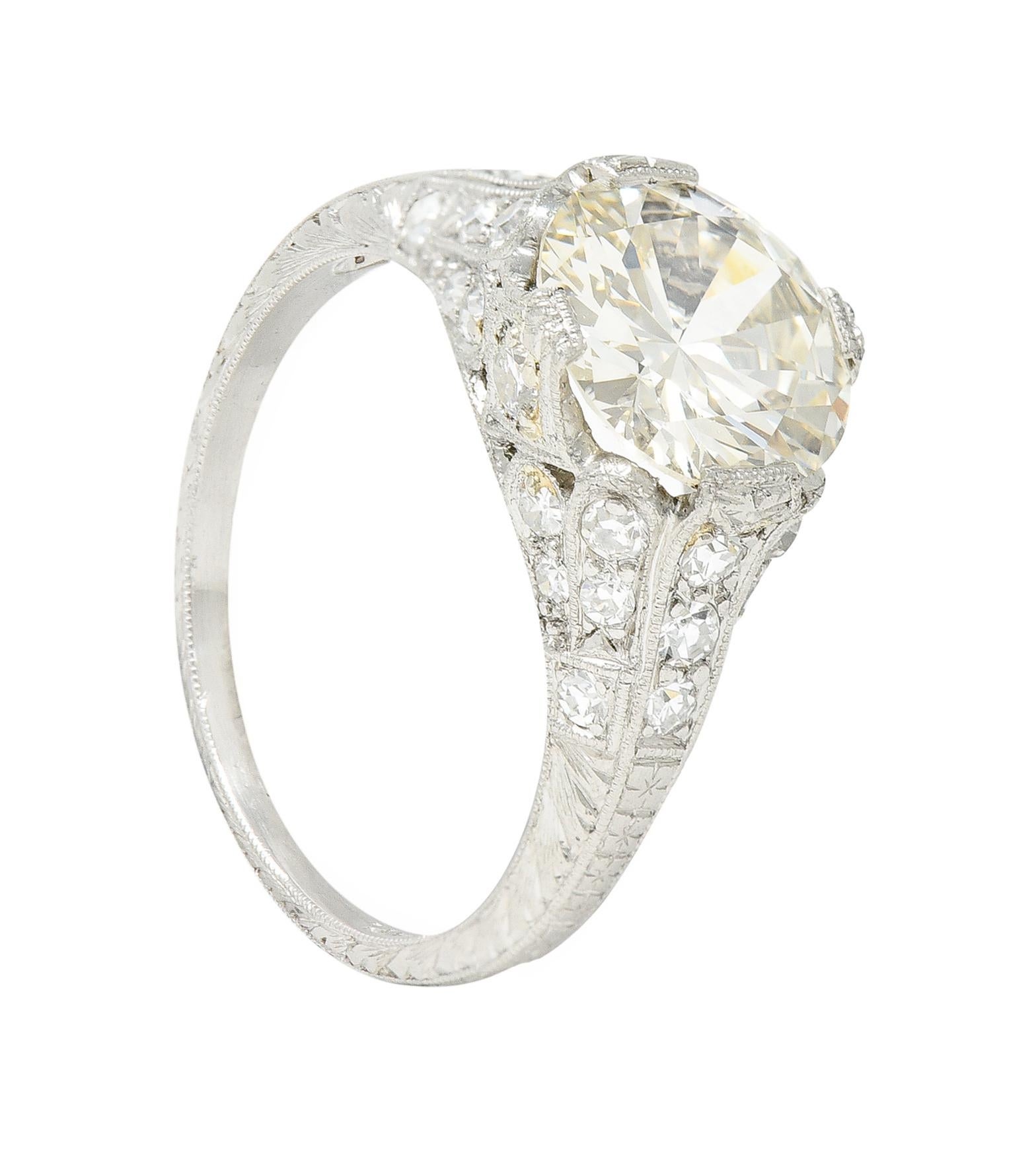 Art Deco Old European 2.28 Carats Diamond Platinum Wheat Engagement Ring GIA 7