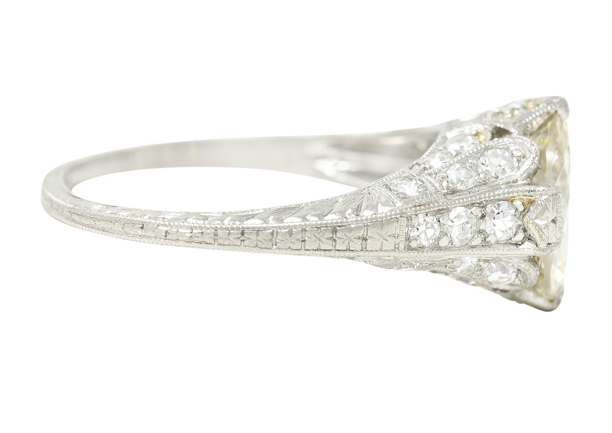 Art Deco Old European 2.28 Carats Diamond Platinum Wheat Engagement Ring GIA In Excellent Condition In Philadelphia, PA