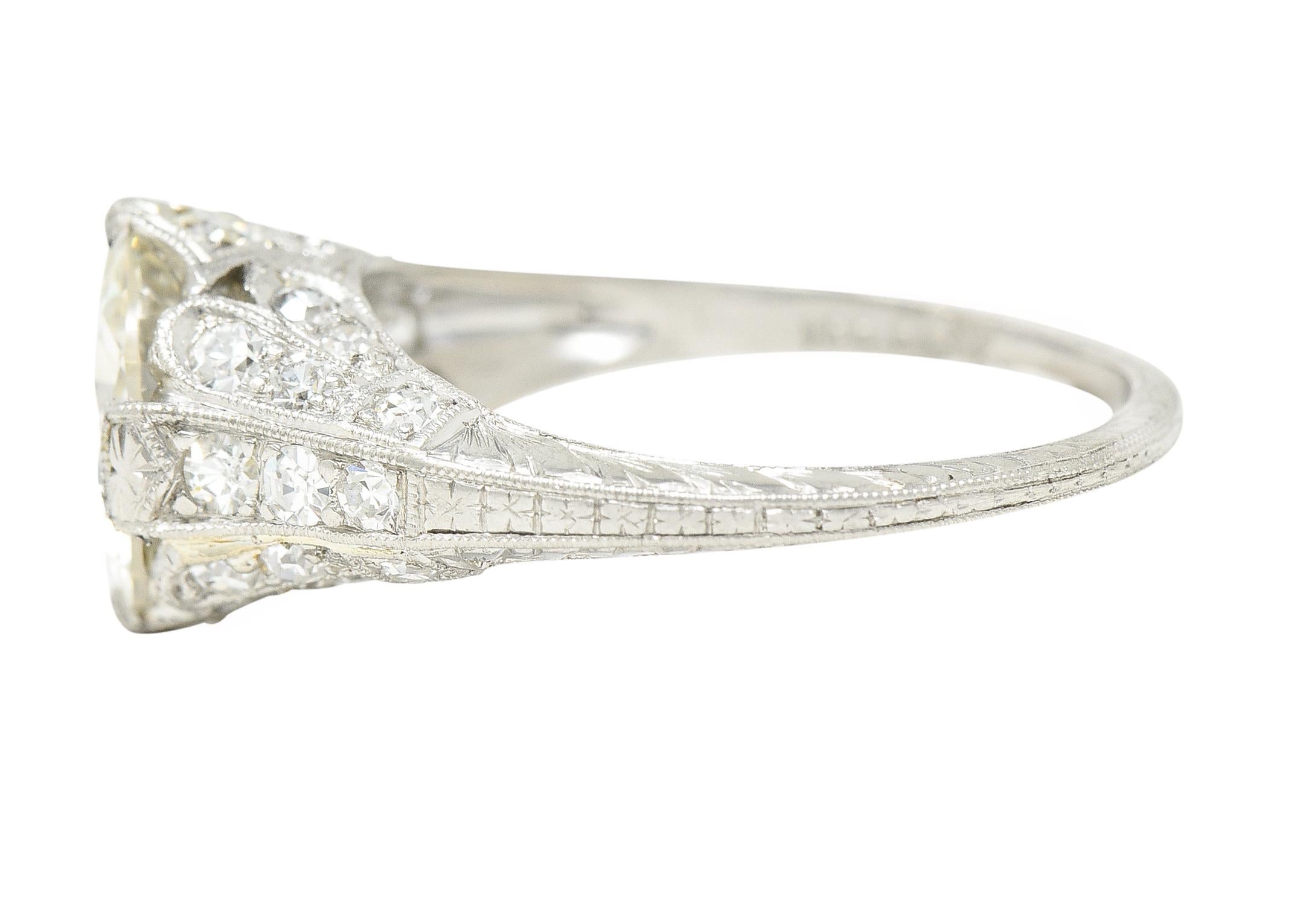 Art Deco Old European 2.28 Carats Diamond Platinum Wheat Engagement Ring GIA 1