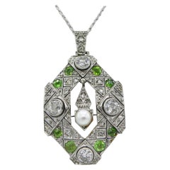 Antique Art Deco Old European and Mine Cut Diamond Peridot Pearl Pendant Necklace
