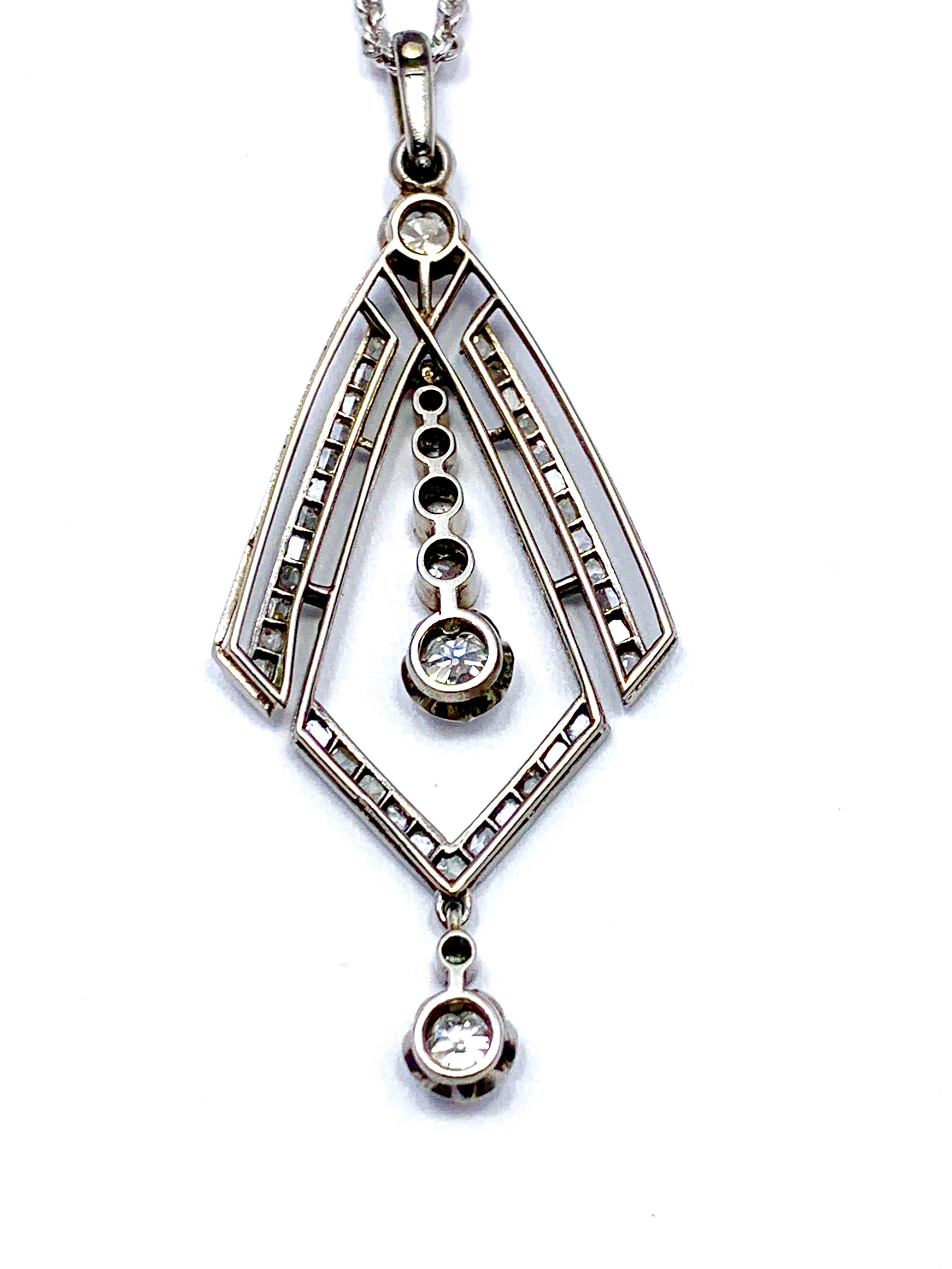 Art Deco Old European and Rose Cut Diamond White Gold Pendant In Excellent Condition In Chevy Chase, MD