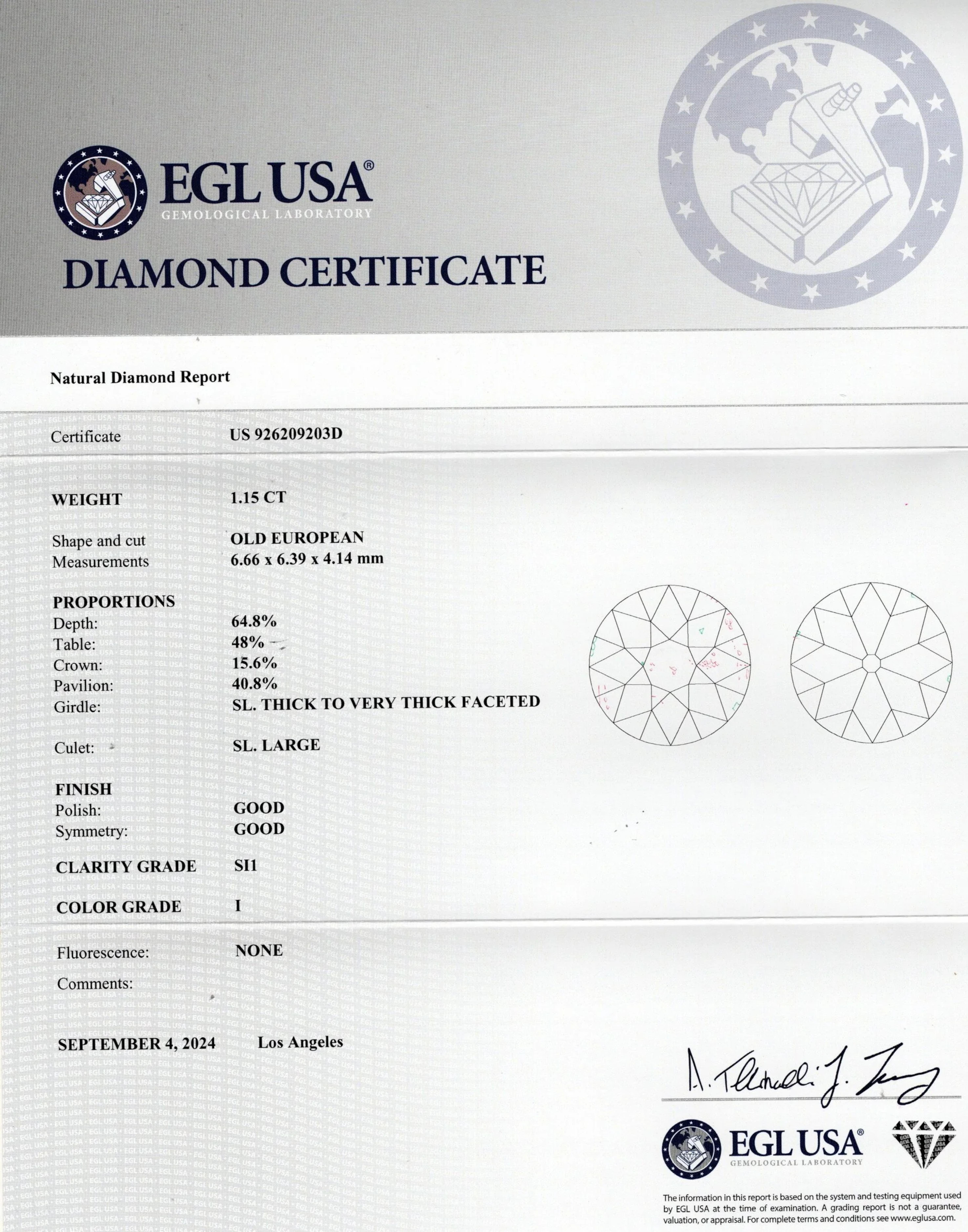 Cette superbe bague de cocktail d'inspiration Art déco présente un diamant de taille européenne ancienne de 1,15 carat, magnifiquement encadré par un double halo hexagonal de saphirs d'un bleu profond. Le diamant, certifié par l'EGL-USA, présente