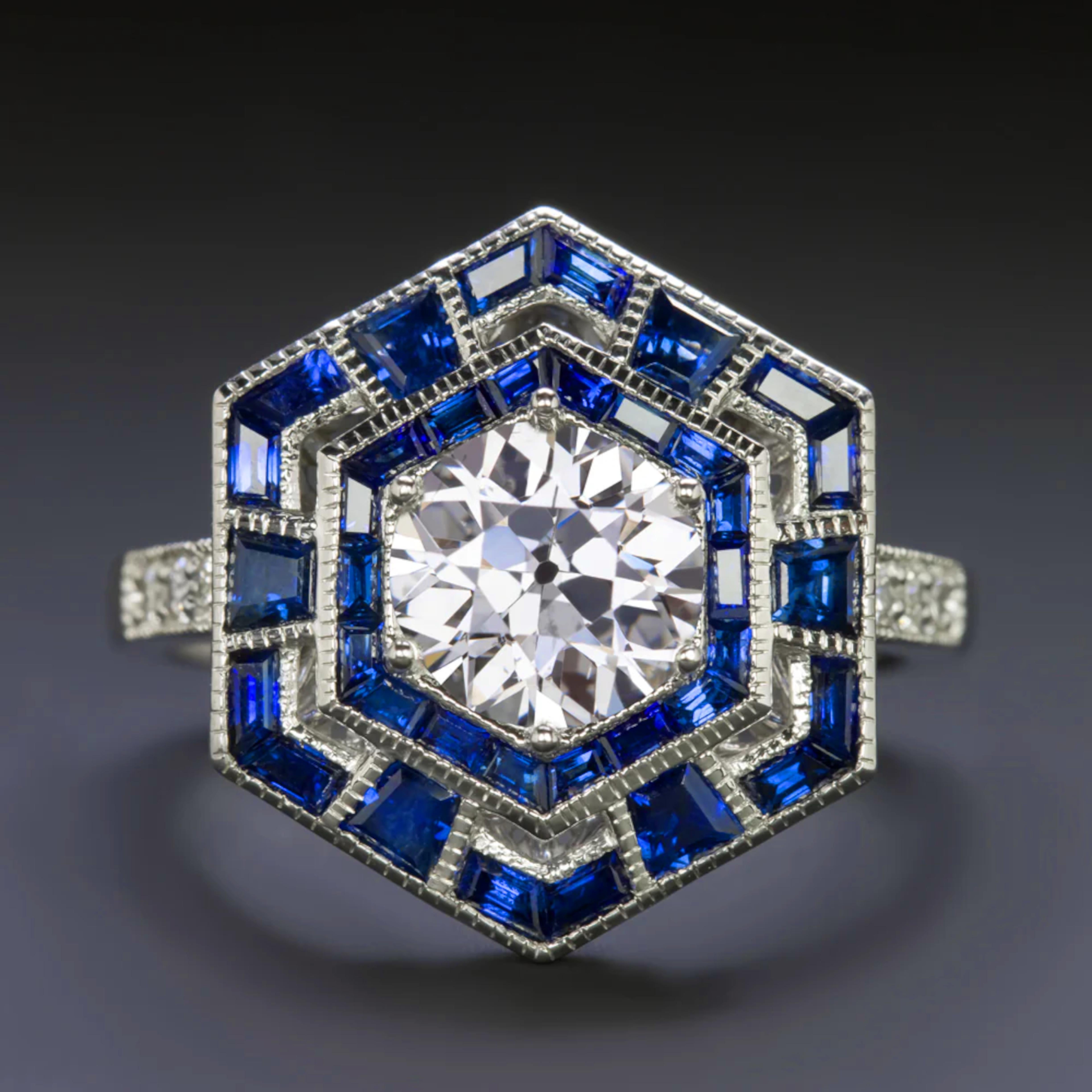Taille vieille Europe Bague de style Art déco européen ancienne avec diamants et saphirs bleus en vente