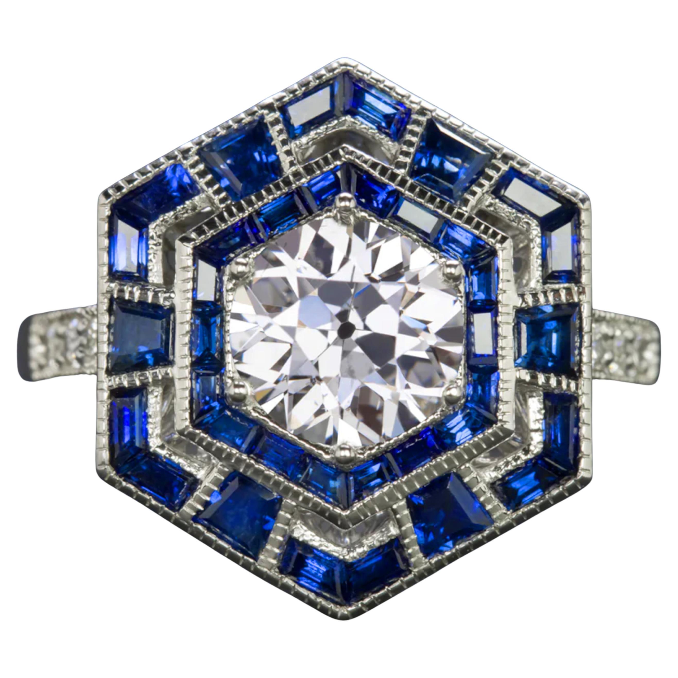 Old European Diamond Blue Sapphire Art Deco Style Ring
